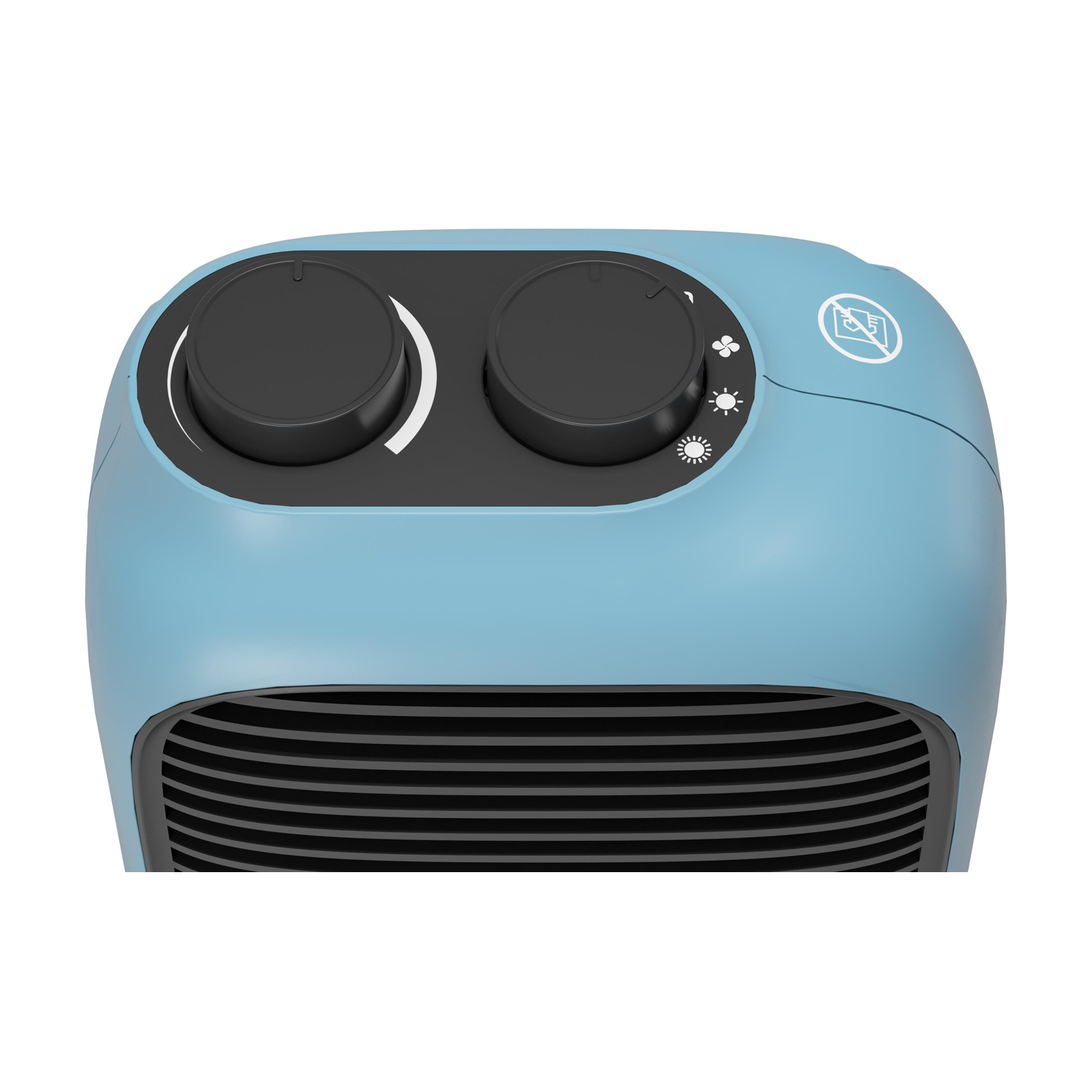 Vista dall'alto di un termoventilatore blu e nero con due manopole e un'icona di avvertenza.