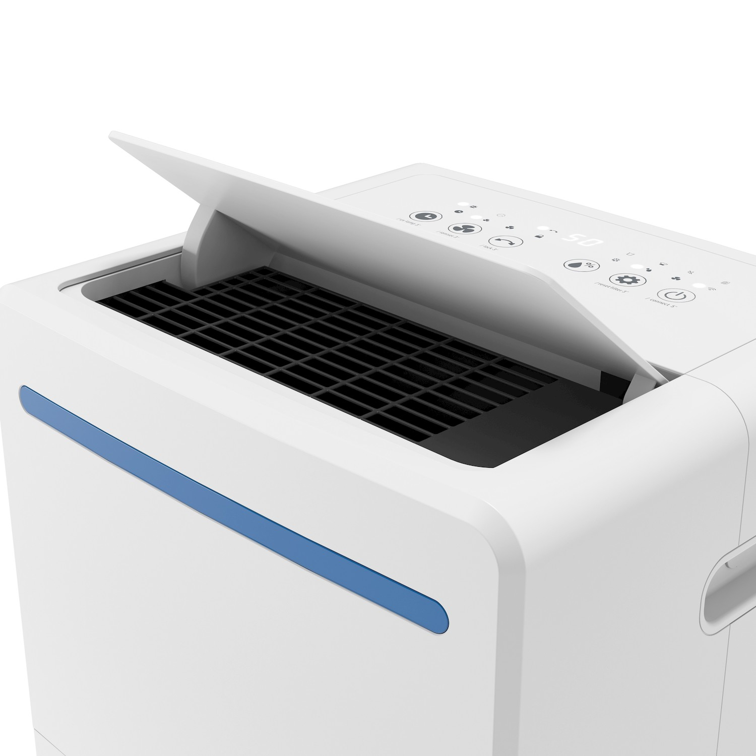 Deumidificatore bianco con striscia blu, griglia aperta e pannello touch su fondo bianco.