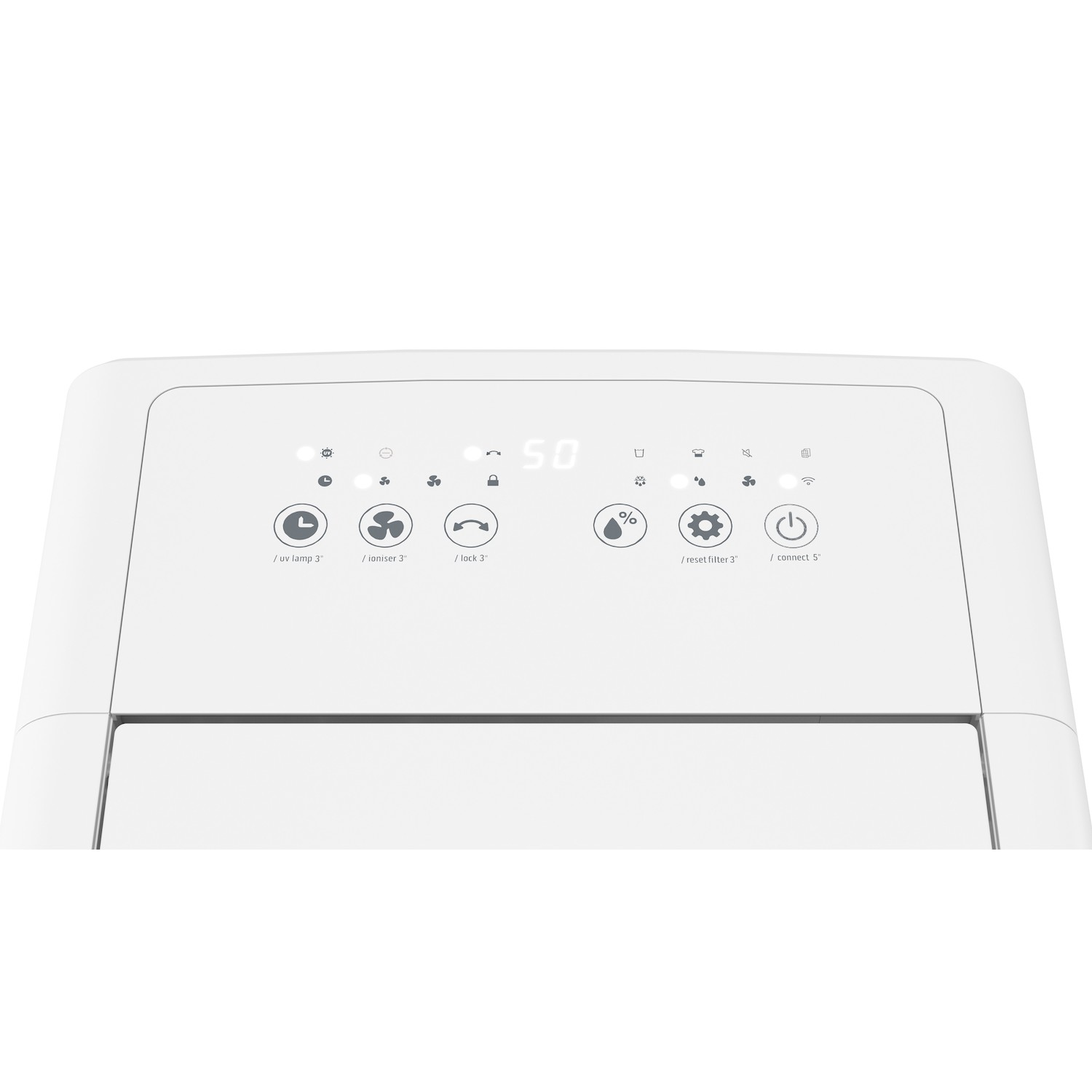 Pannello superiore di un deumidificatore bianco con display digitale e pulsanti a sfioramento.