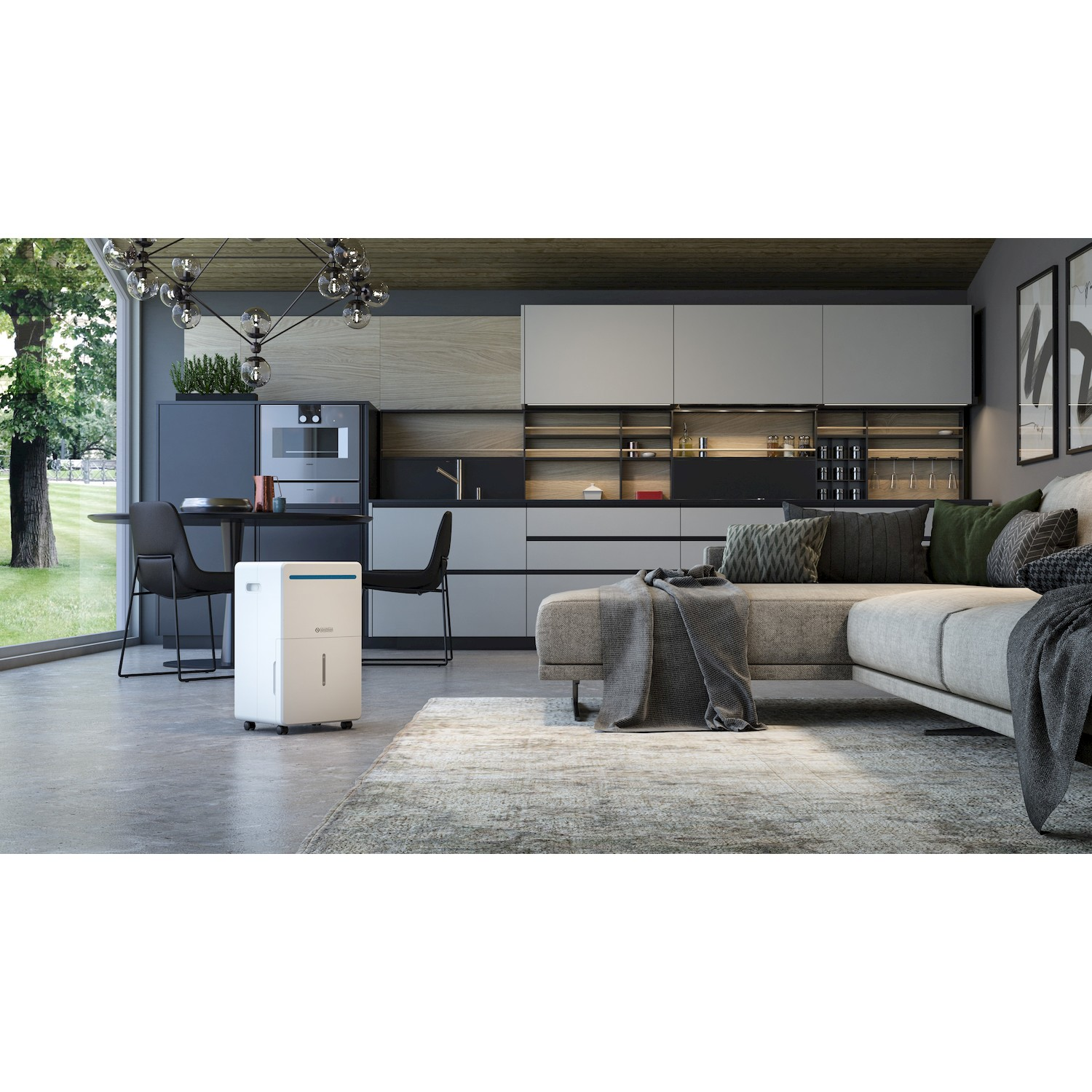 Un deumidificatore bianco si trova su un pavimento in cemento in un soggiorno moderno con cucina a vista e grandi finestre.