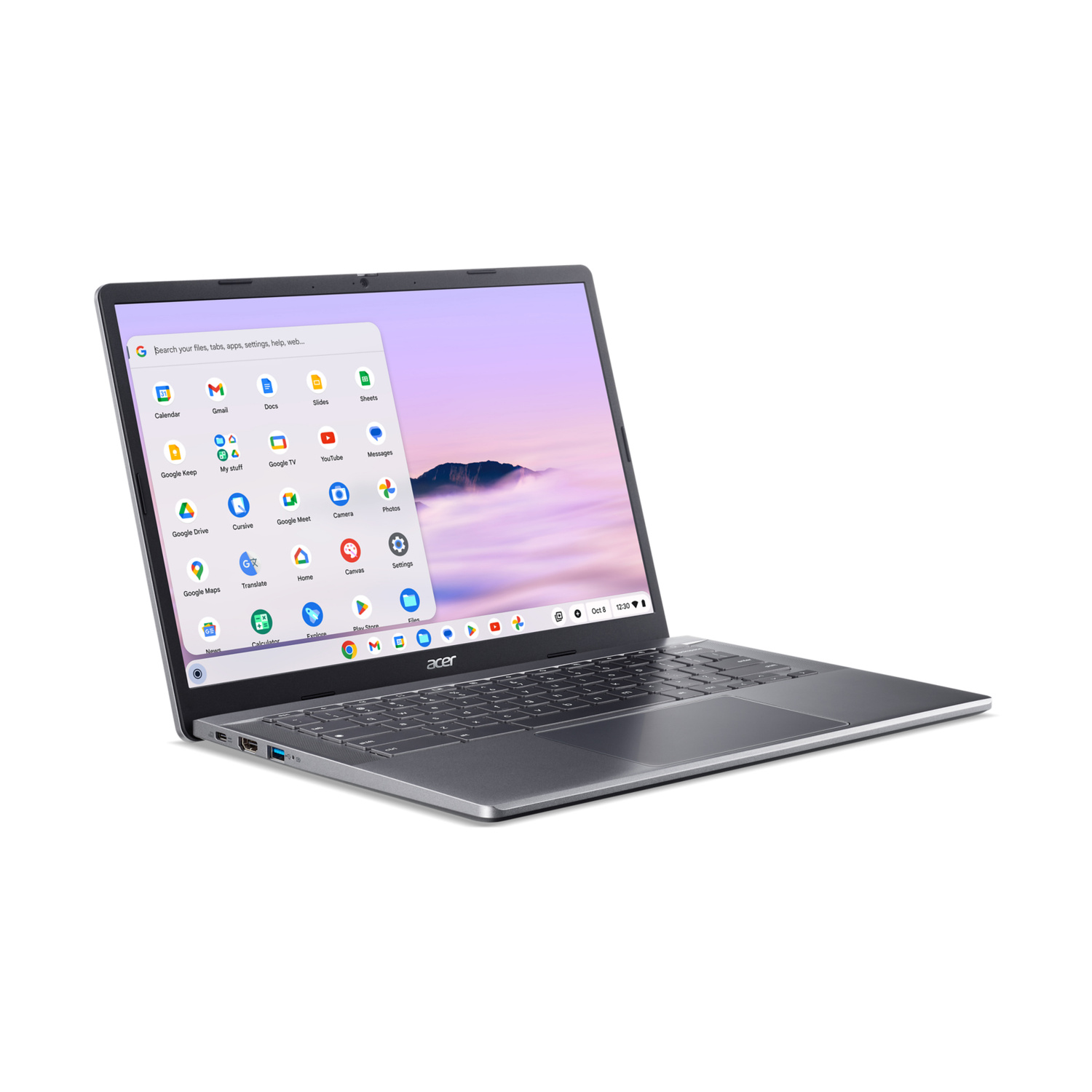Un computer portatile Acer Chromebook grigio su sfondo bianco con schermo aperto e app.