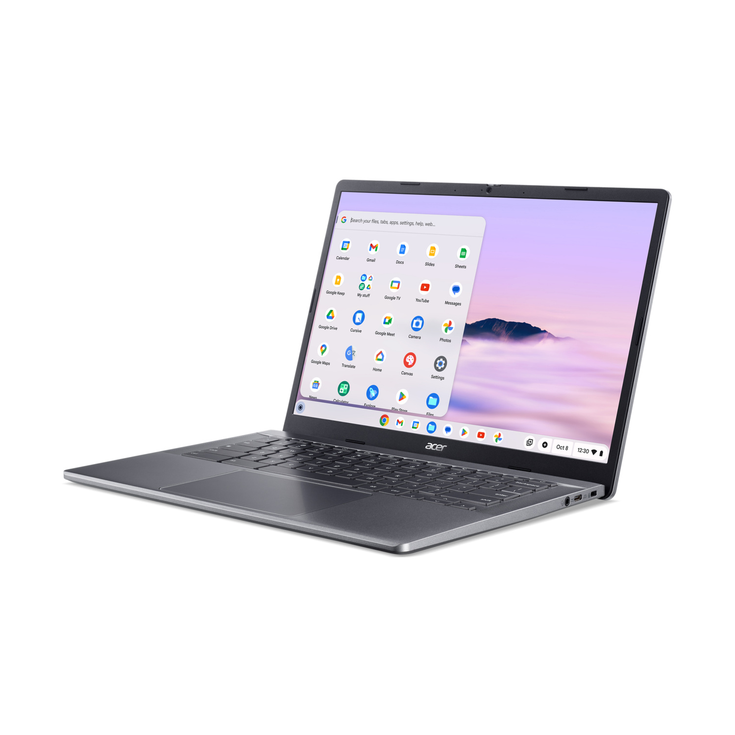 Un computer portatile Acer Chromebook grigio mostra il menu delle app aperto su sfondo bianco.