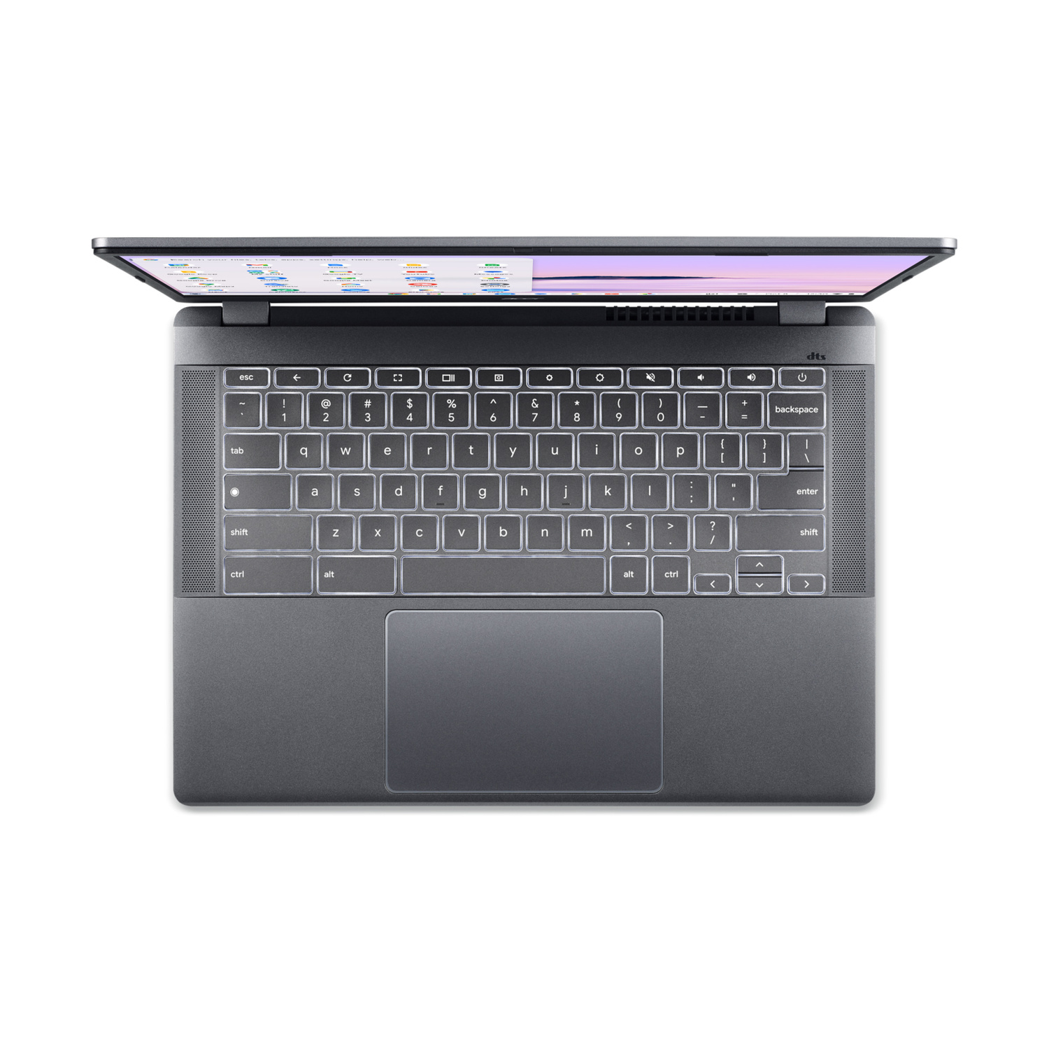 Vista dall'alto di un computer portatile grigio-argento aperto con tastiera retroilluminata e trackpad.