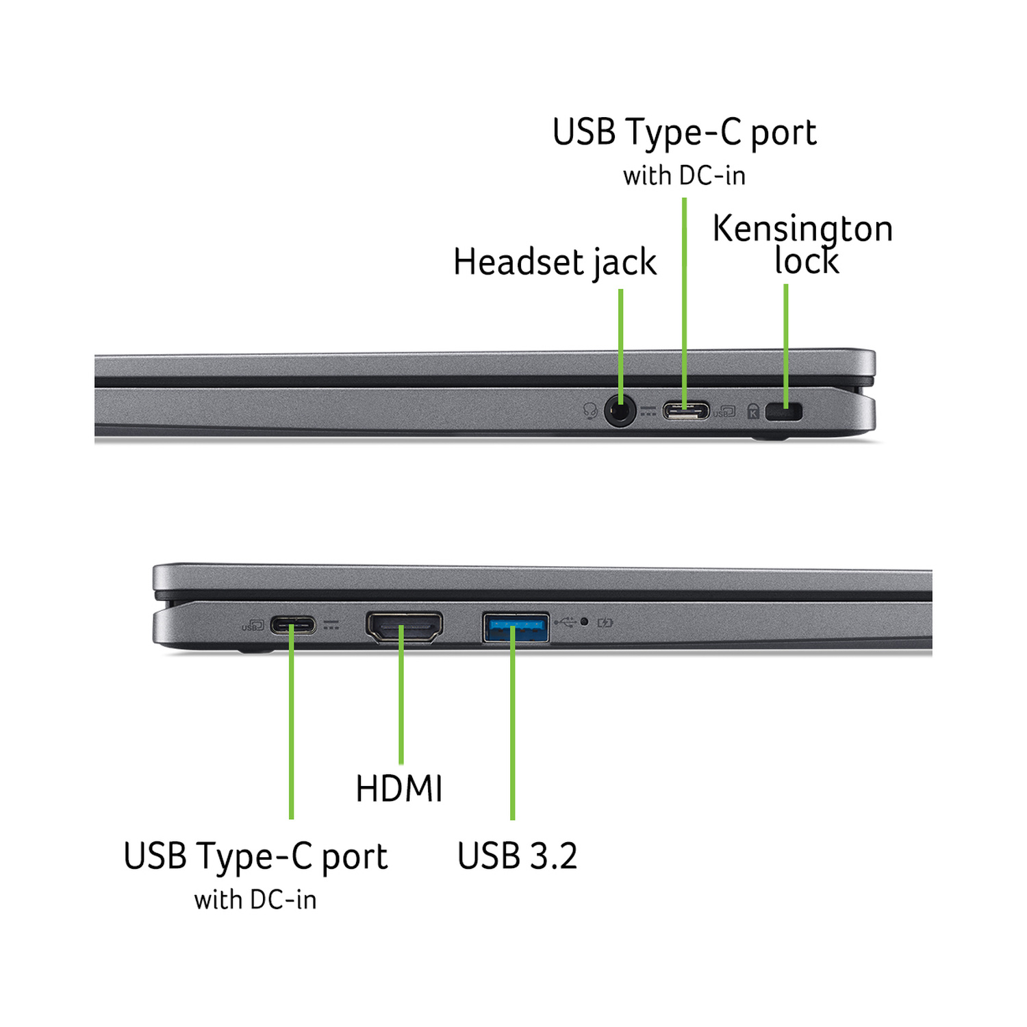 Vista laterale di un laptop con porte USB Type-C, jack per cuffie, HDMI e blocco Kensington.