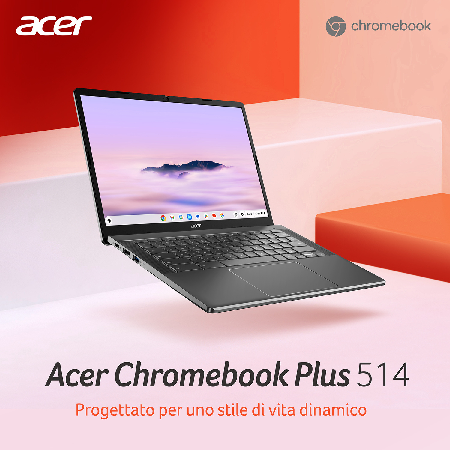 Laptop Acer Chromebook Plus 514 sospeso davanti a uno sfondo geometrico rosso e bianco.