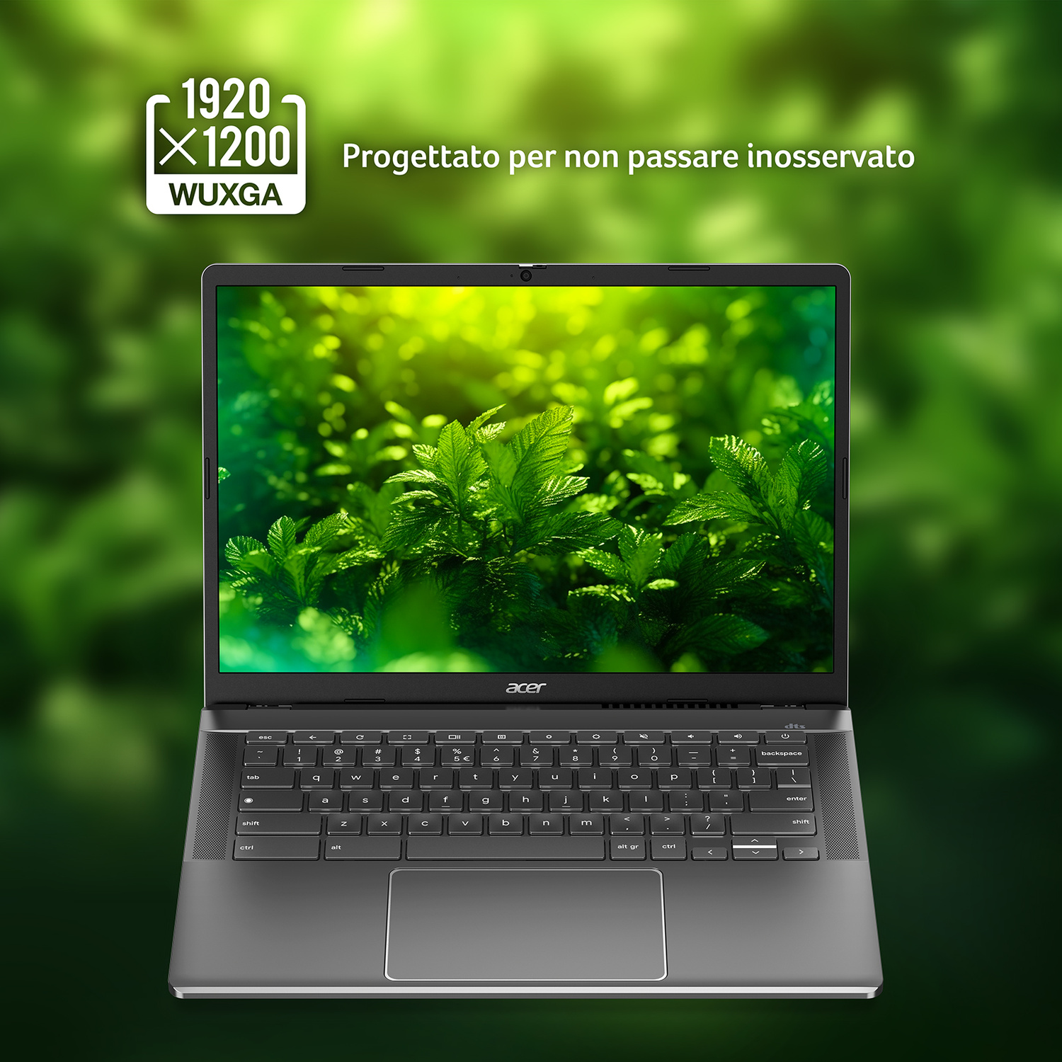 Un laptop Acer con schermo WUXGA mostra foglie verdi su sfondo verde, con testo promozionale in italiano.