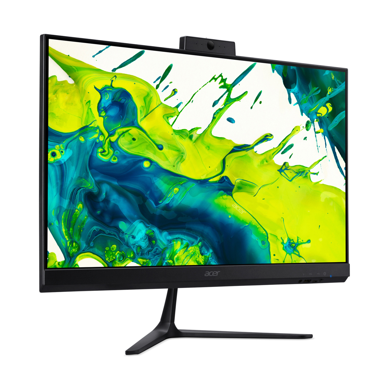 Un monitor nero Acer con supporto sottile mostra uno schizzo di vernice astratto.