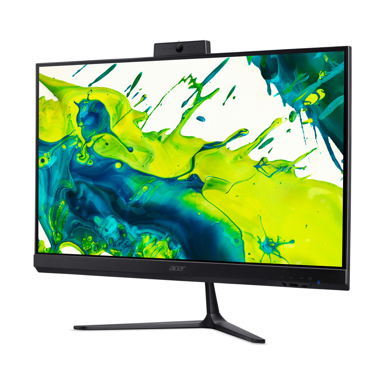 Un monitor nero Acer con supporto sottile mostra una grafica con schizzi di vernice verde e blu.
