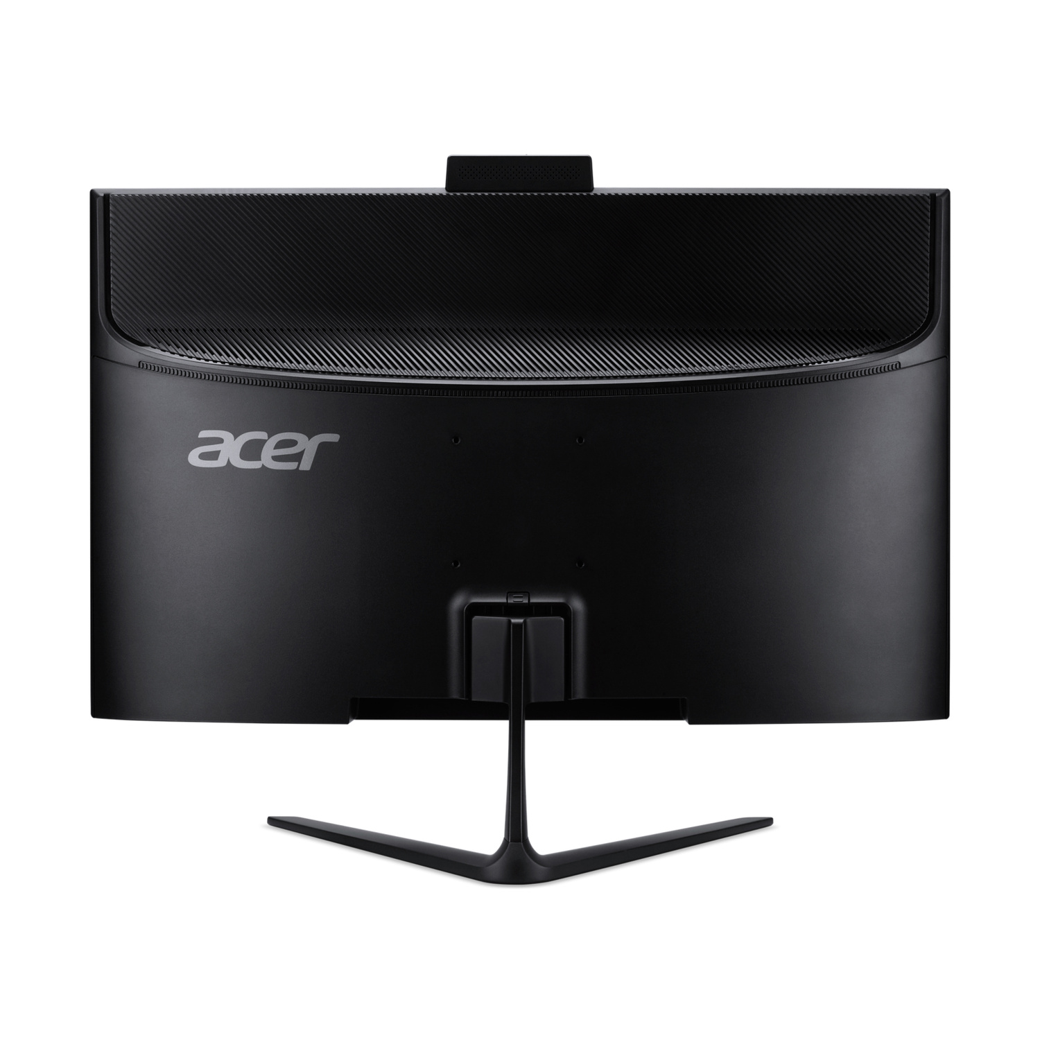 Vista posteriore di un monitor nero Acer con supporto su sfondo bianco.