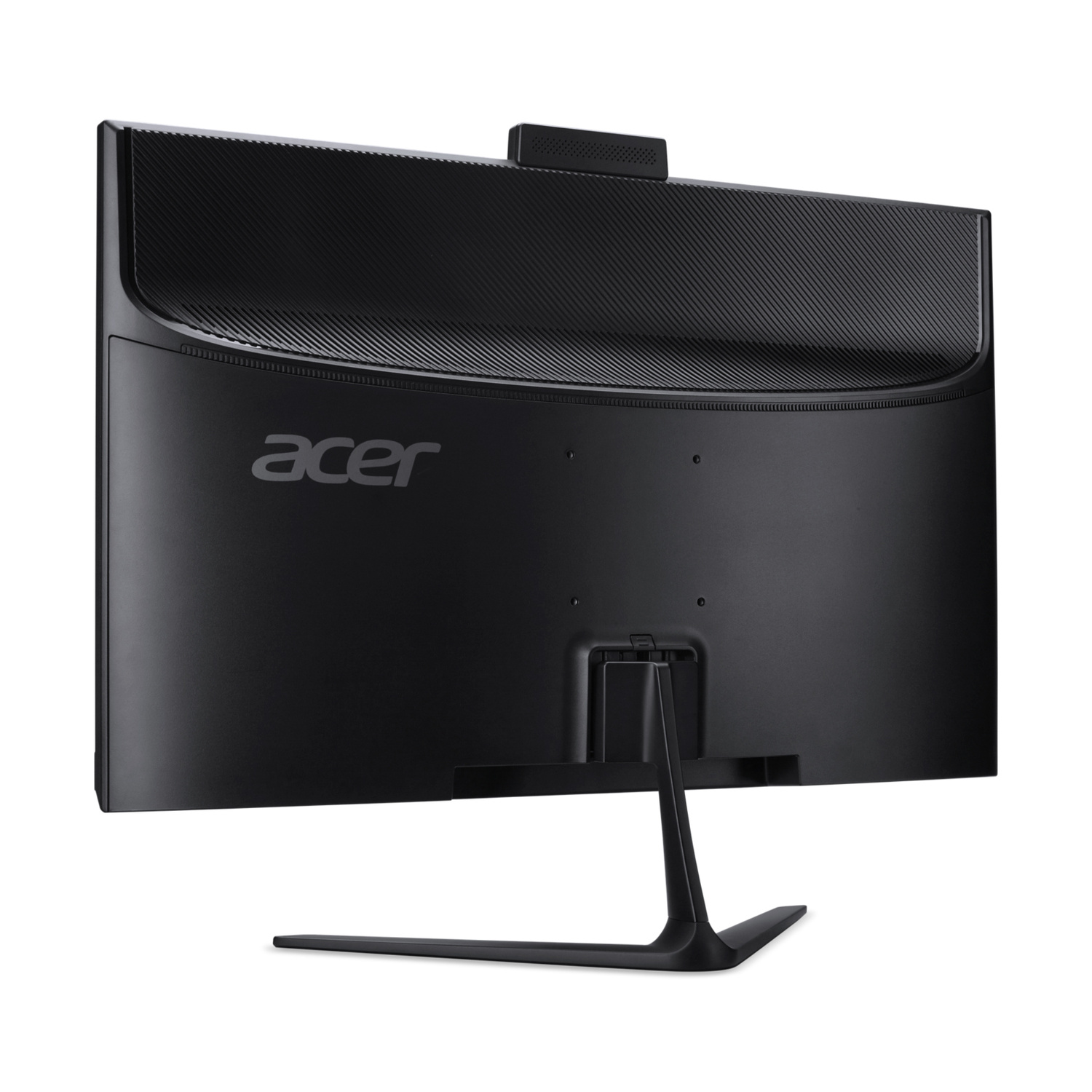 Vista posteriore di un monitor Acer nero con supporto integrato su sfondo bianco.