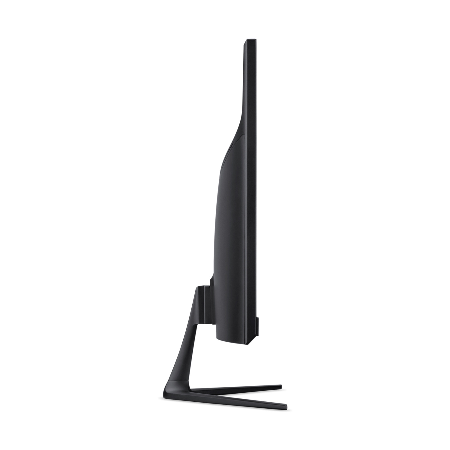 Vista laterale di un sottile monitor per computer nero su un elegante supporto su sfondo bianco.