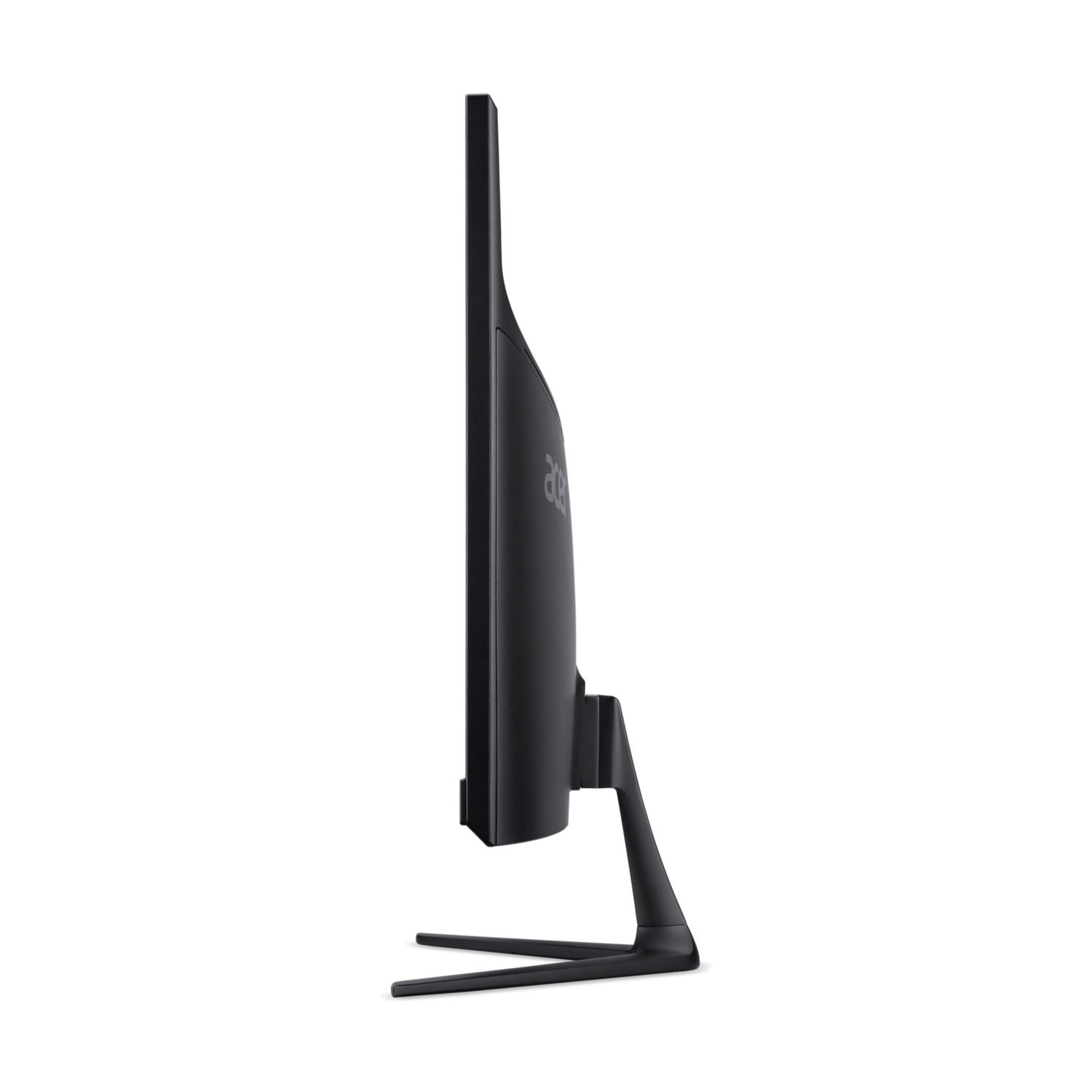 Vista laterale di un sottile monitor Acer nero su supporto a V su sfondo bianco.