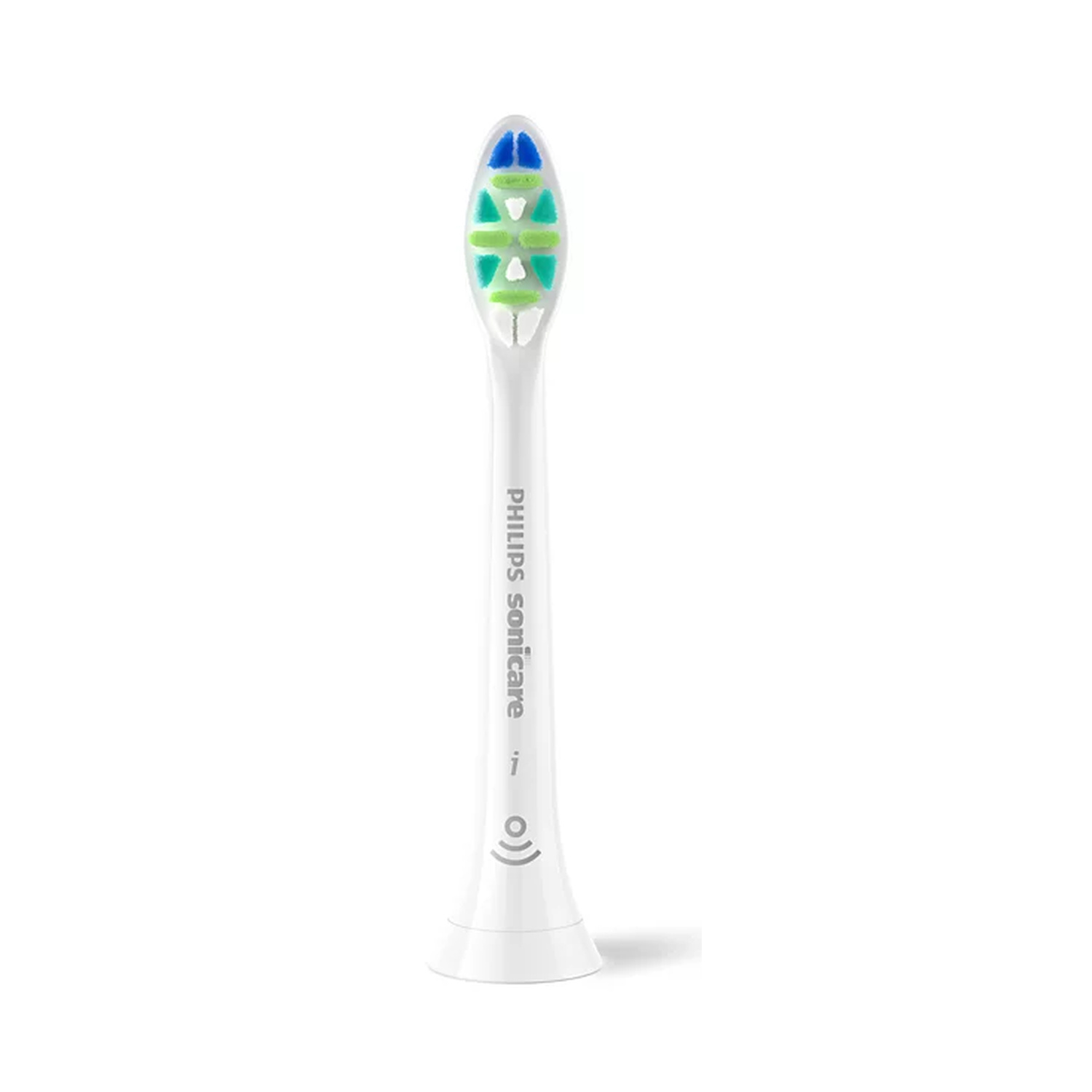 Una testina di spazzolino bianco Philips Sonicare con setole blu e verdi su sfondo bianco.