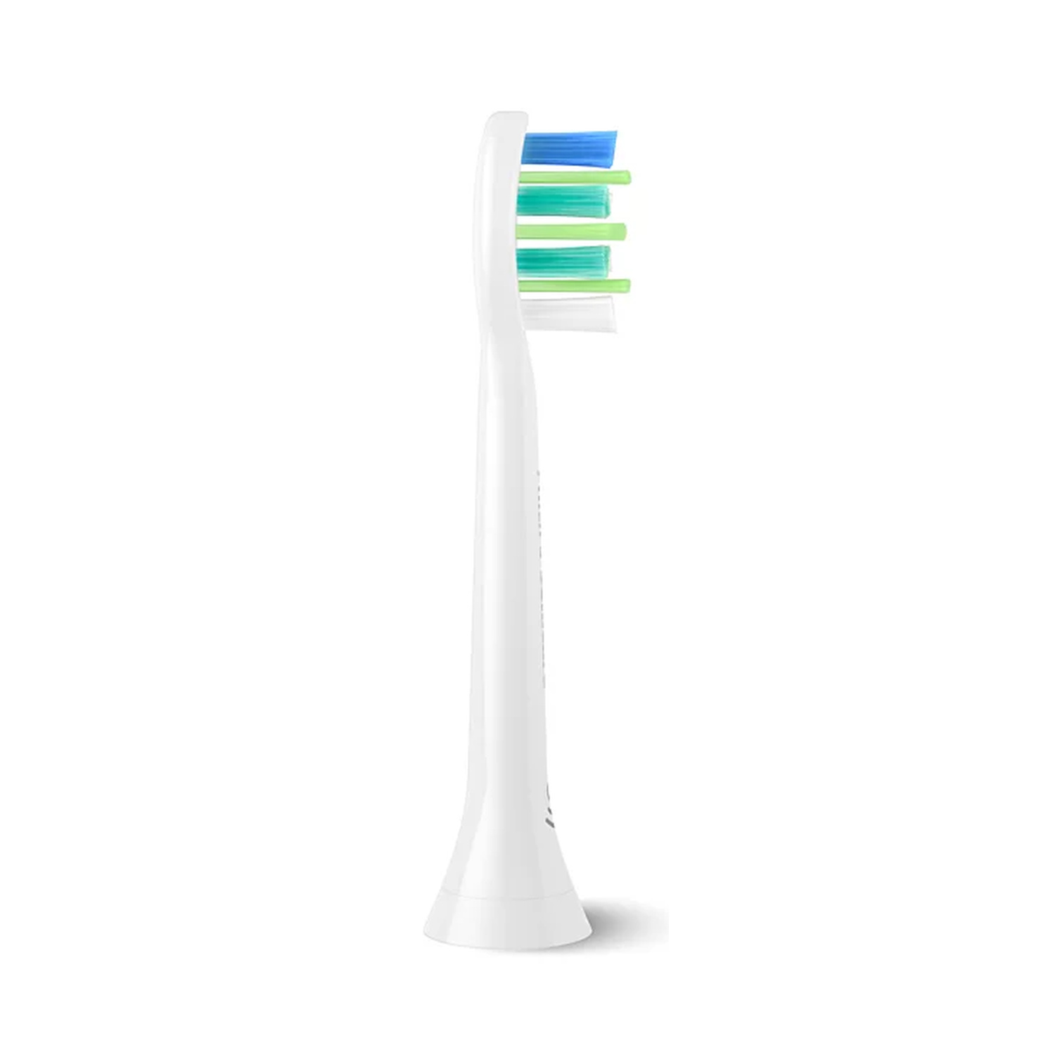 Una testina di spazzolino elettrico bianca con setole blu, verdi e bianche.