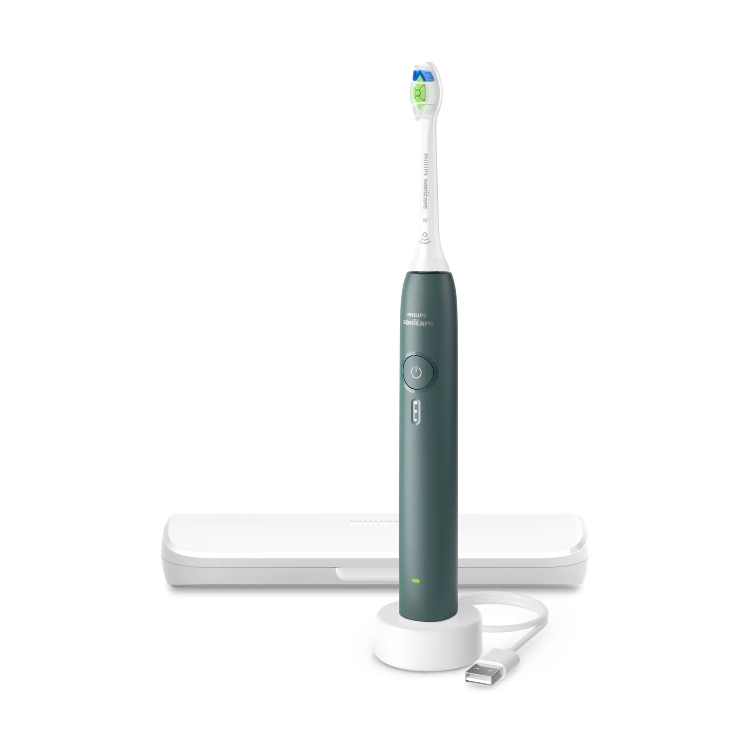 Spazzolino elettrico Philips Sonicare verde scuro con base di ricarica e custodia bianca.