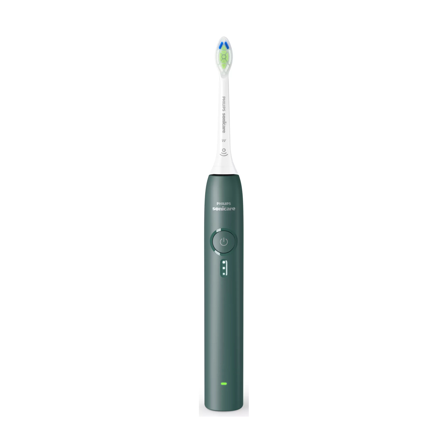 Spazzolino elettrico Philips Sonicare verde scuro con testina bianca su sfondo bianco.