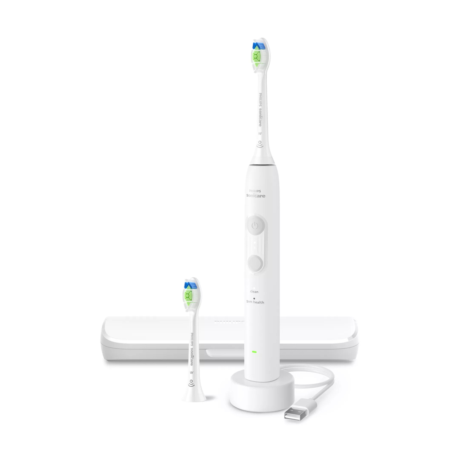 Uno spazzolino elettrico bianco Philips Sonicare con base di ricarica, cavo USB, testina e custodia.