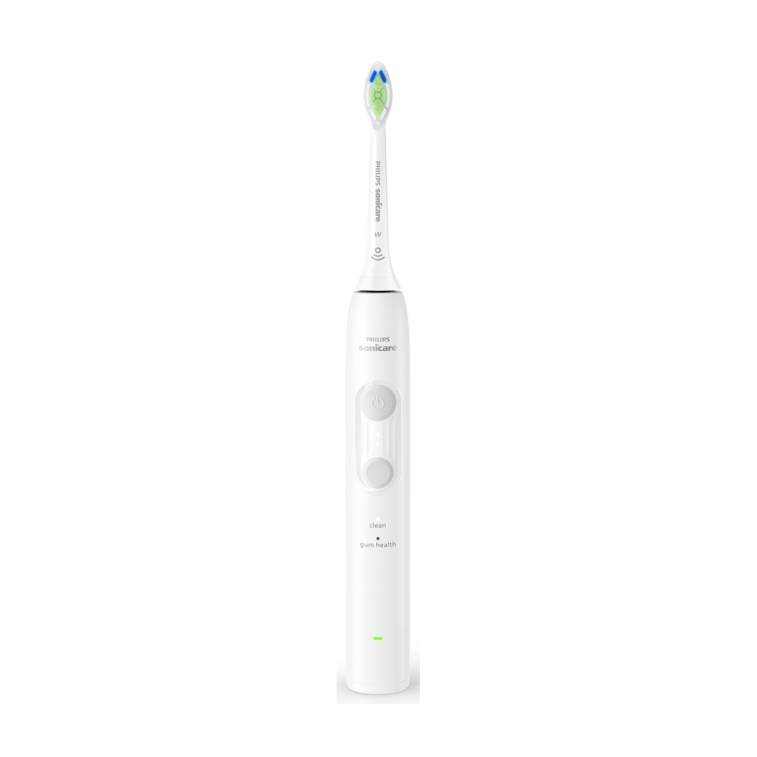 Uno spazzolino elettrico Philips Sonicare bianco su sfondo bianco.