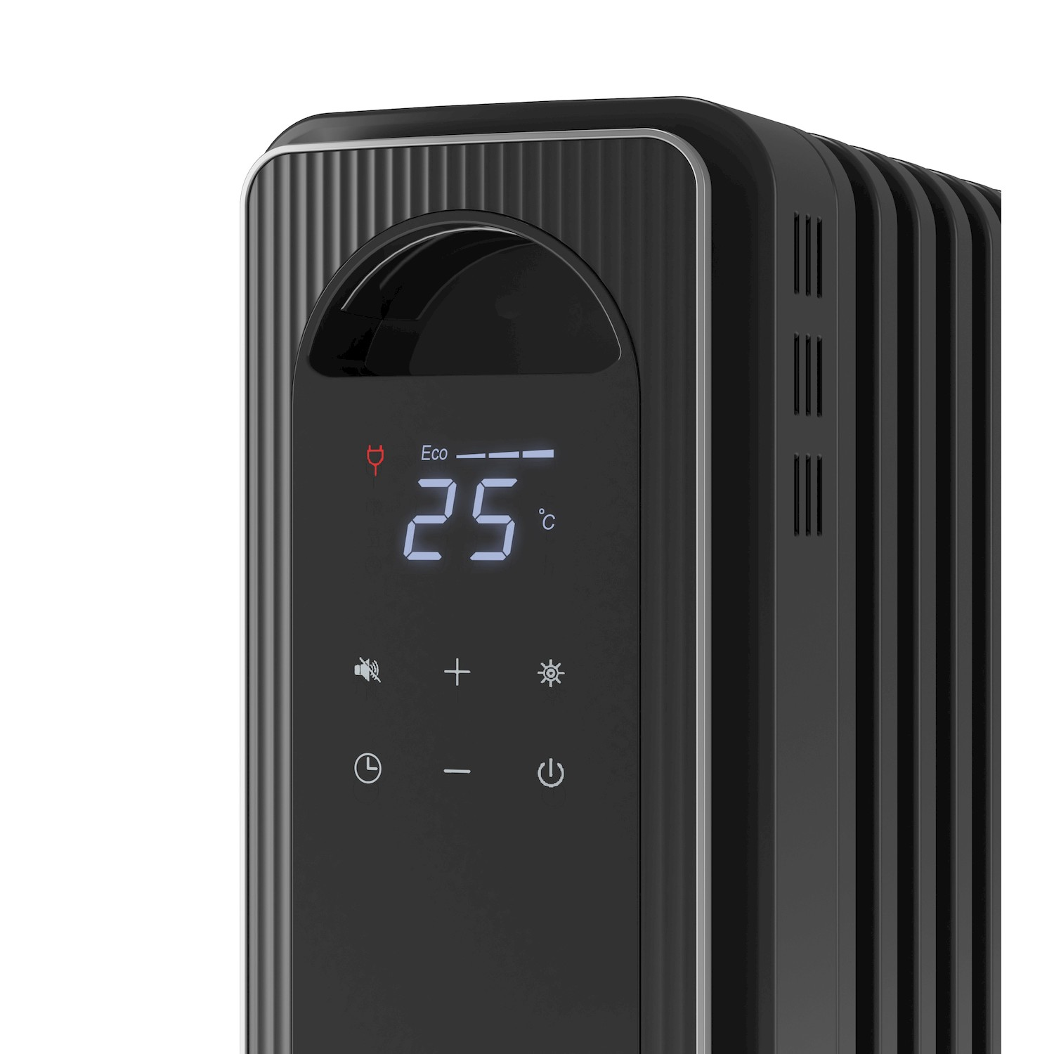 Termoventilatore nero con display digitale che mostra 25 gradi Celsius e pulsanti a sfioramento.