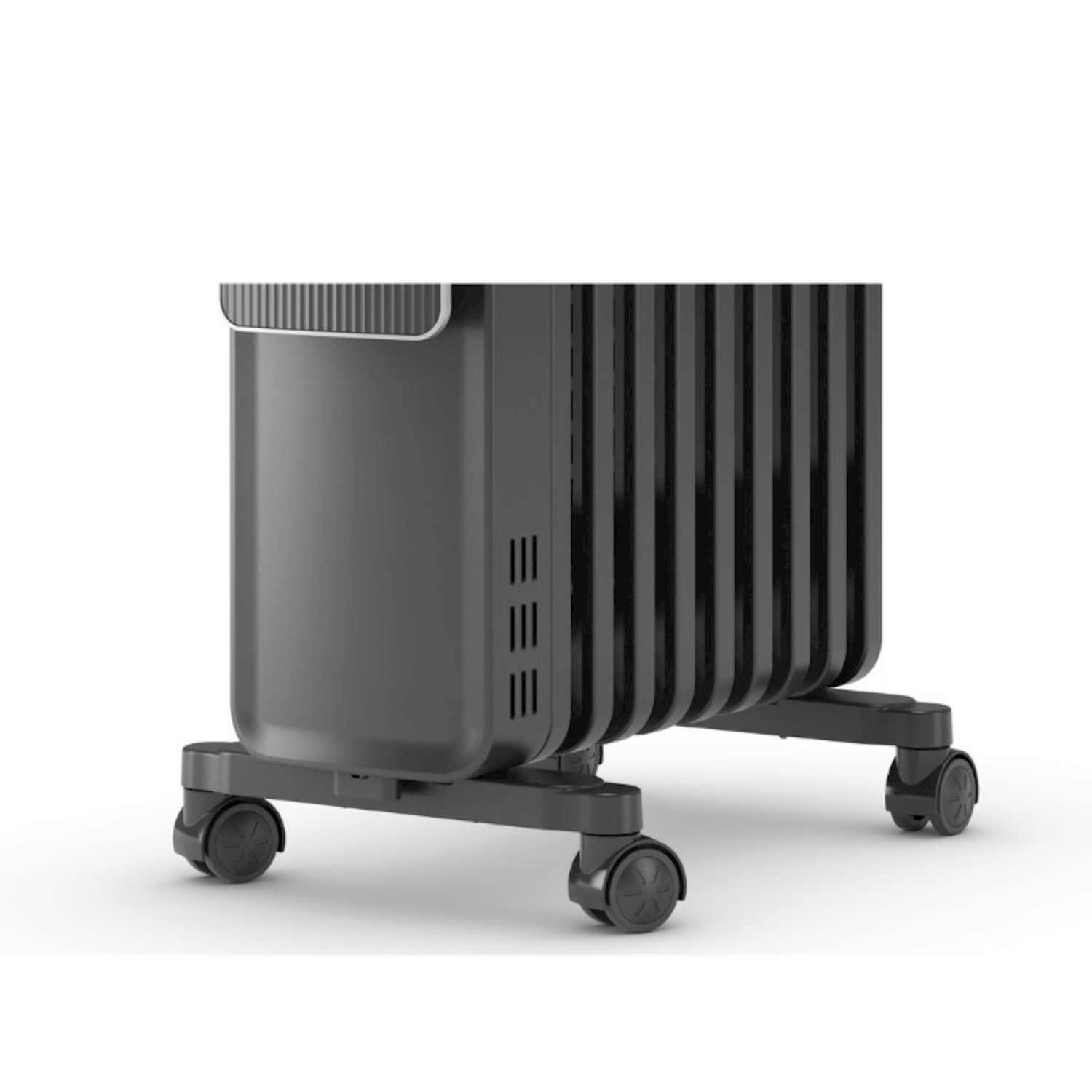 Un termosifone ad olio nero con rotelle su sfondo bianco.