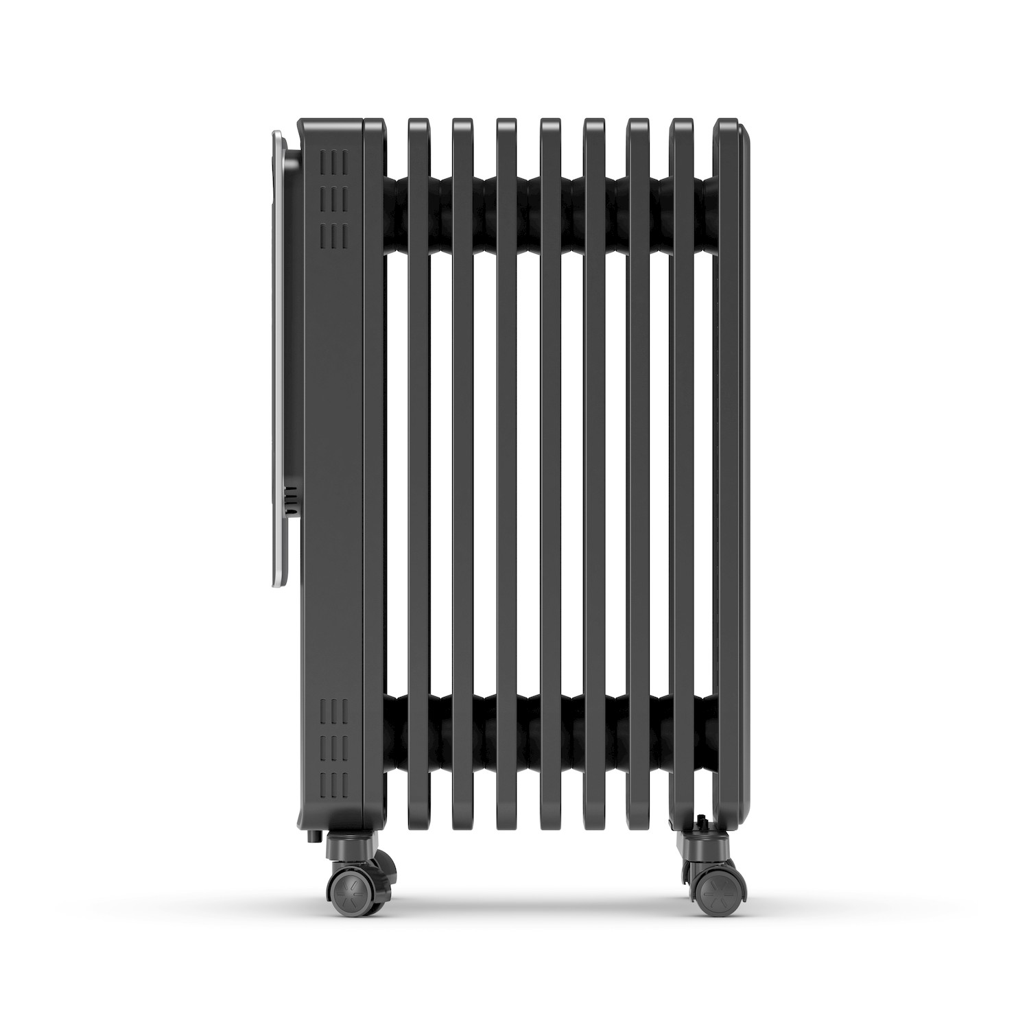 Termosifone a olio nero con rotelle su sfondo bianco.