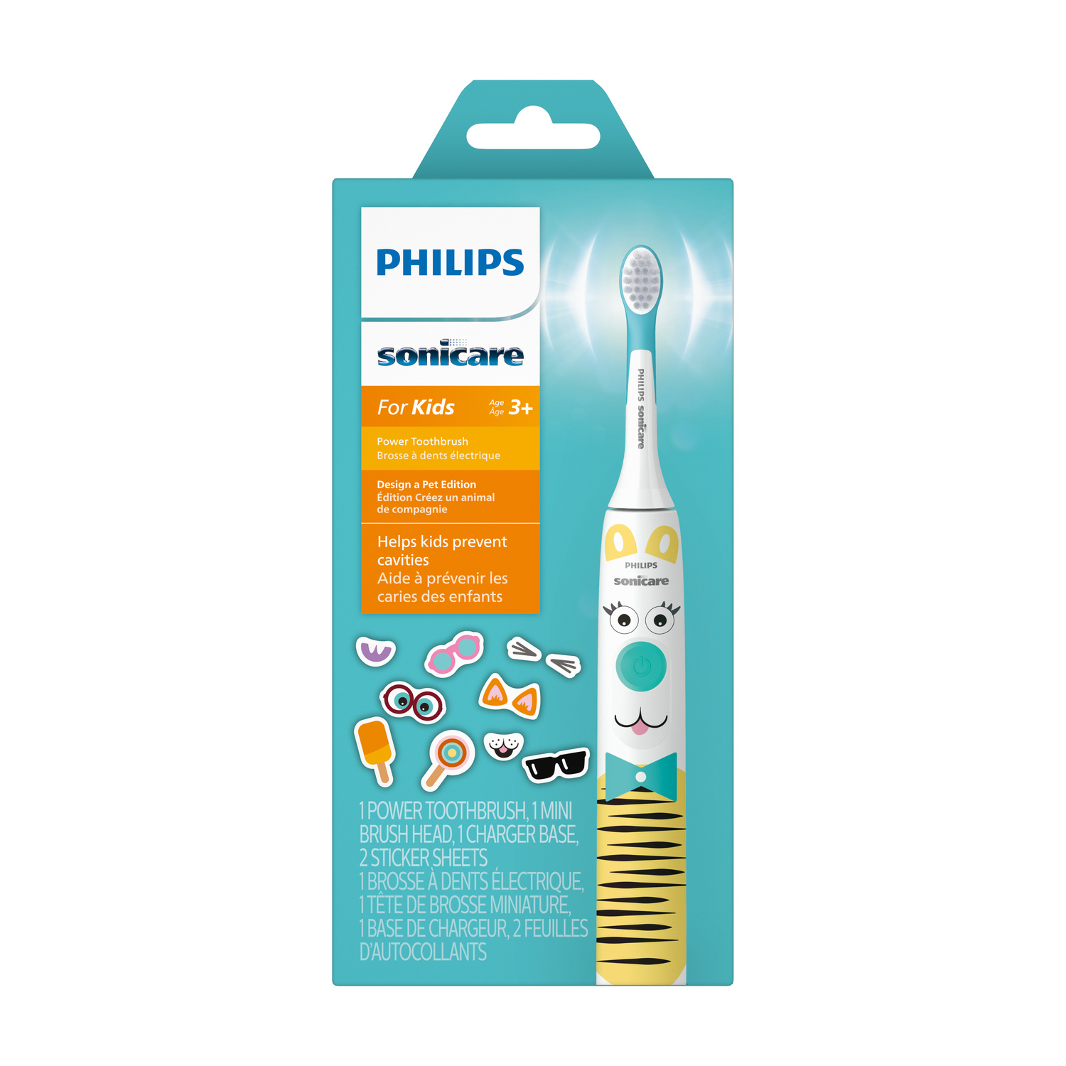 Spazzolino elettrico Philips Sonicare per bambini in confezione turchese e gialla con adesivi.