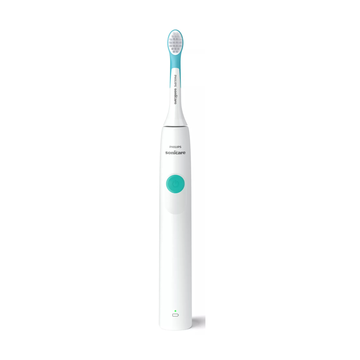 Uno spazzolino elettrico Philips Sonicare bianco e turchese con setole rotonde su sfondo bianco.
