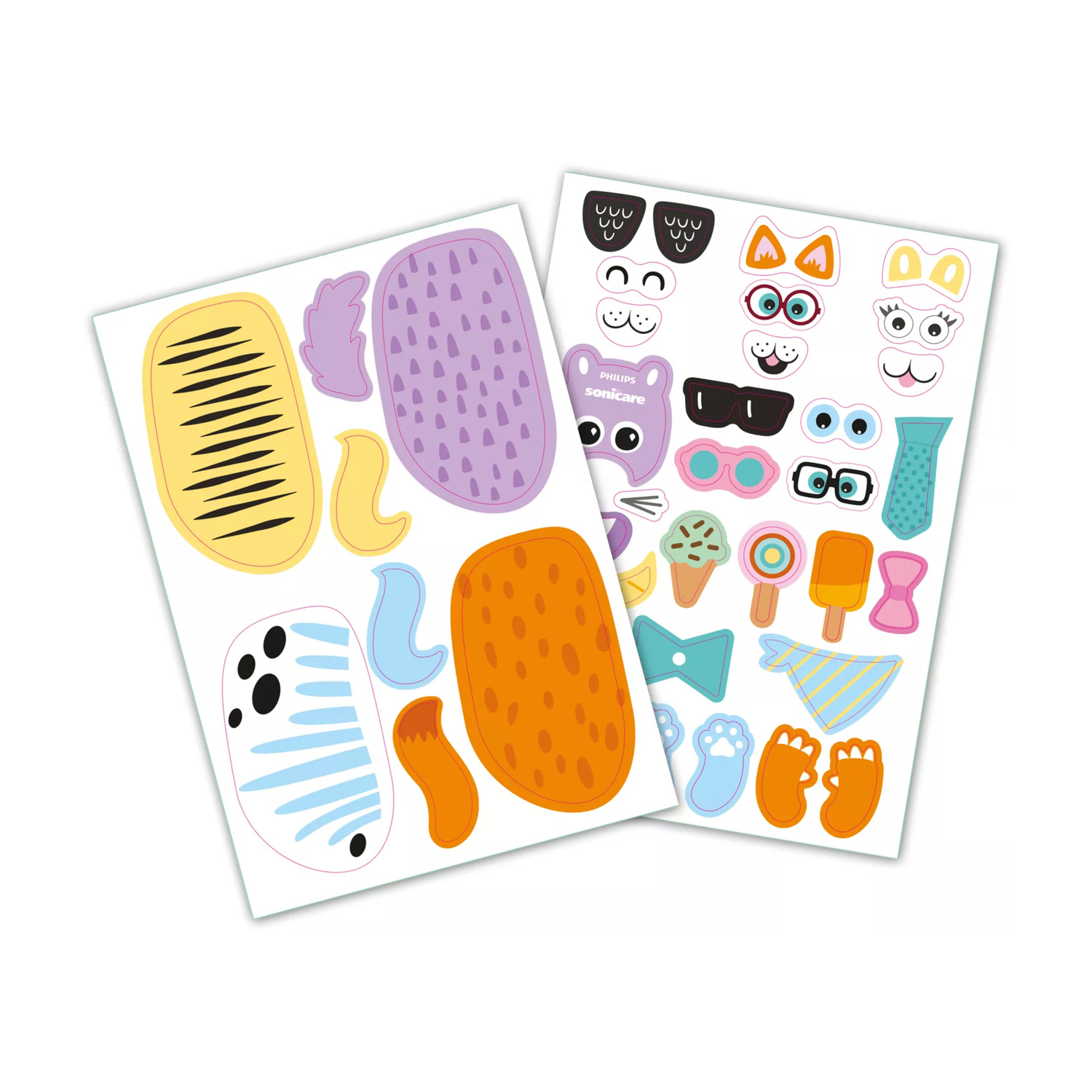 Due fogli di adesivi con motivi animali colorati, occhi, occhiali e accessori su sfondo bianco.