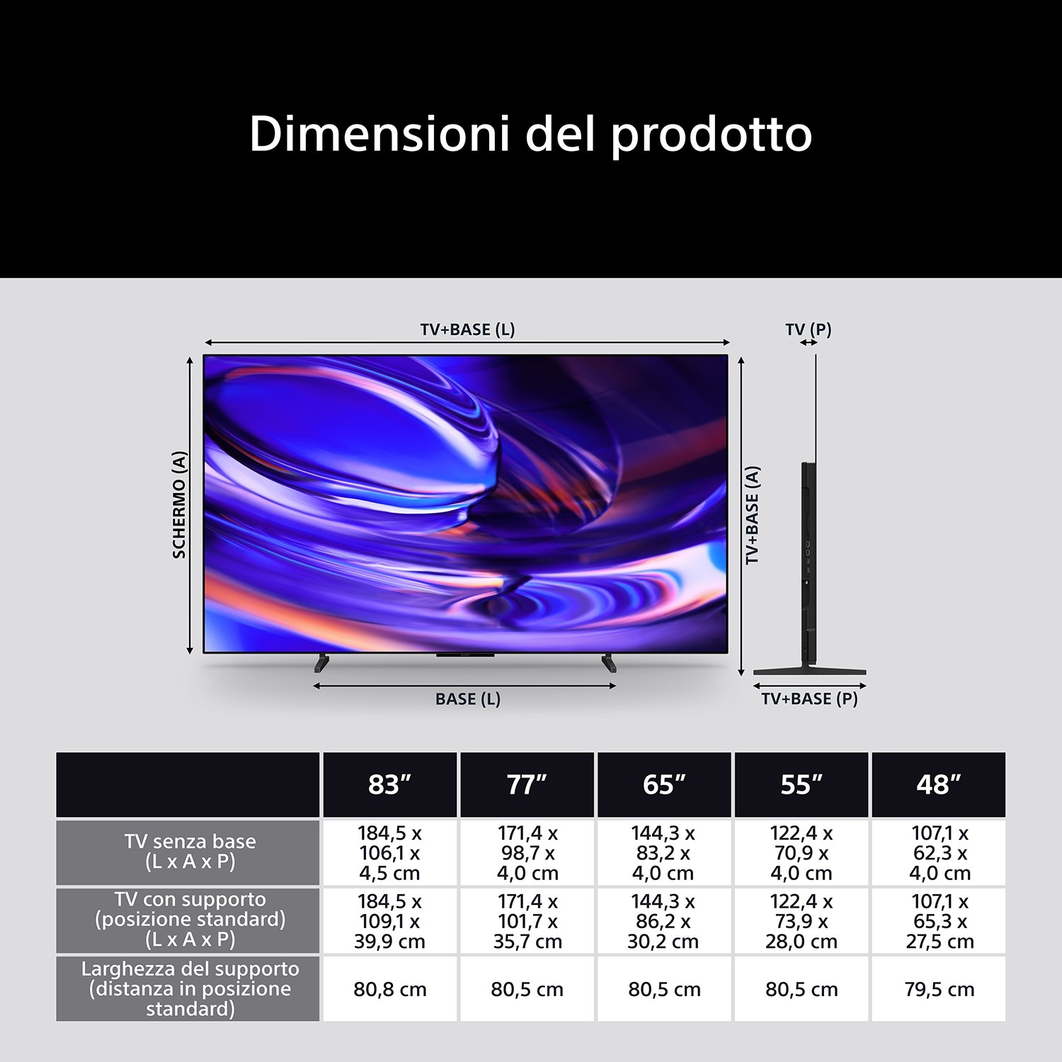 Dimensioni del prodotto di un televisore con tabella delle misure per varie dimensioni.