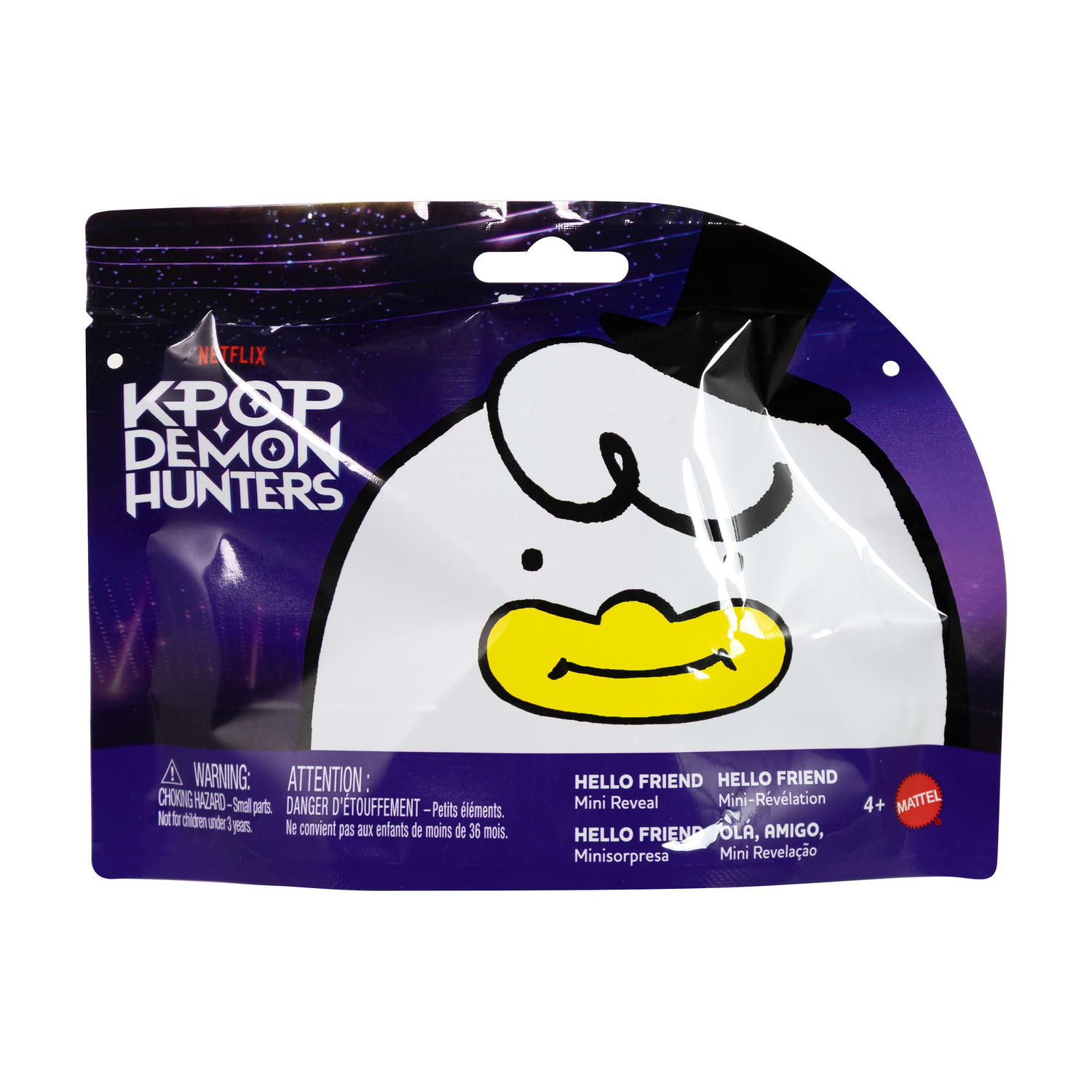 Una bustina sorpresa viola di K-Pop Demon Hunters con un'anatra cartone animato bianca con cappello.