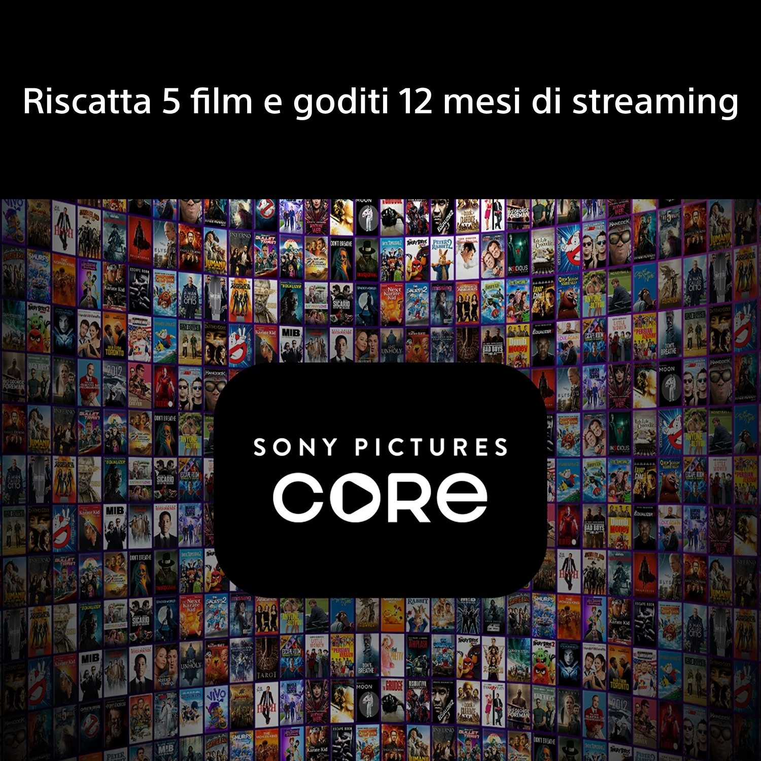 Logo Sony Pictures Core davanti a un videowall con numerosi poster cinematografici e testo italiano in alto.