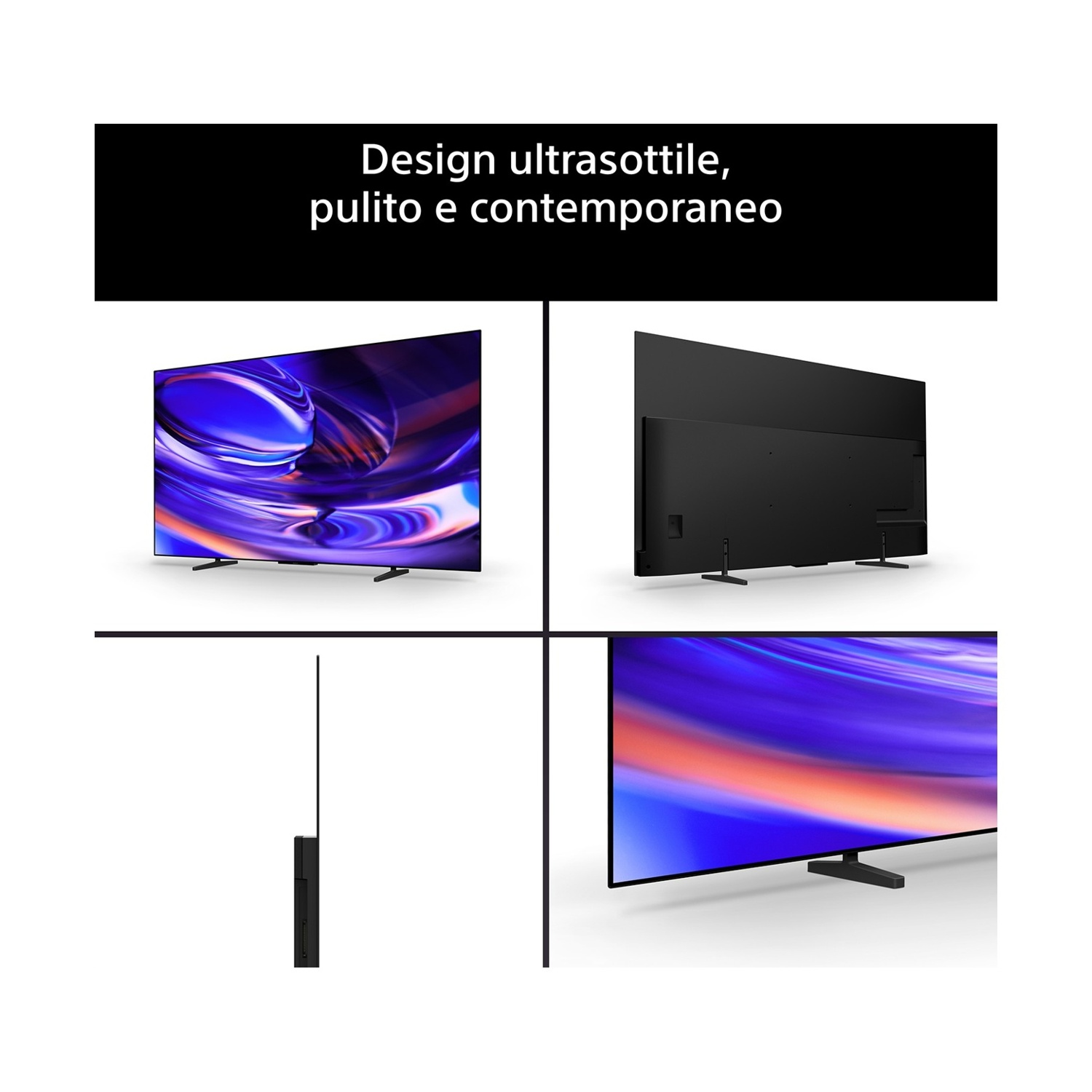Quattro pannelli mostrano una TV sottile da davanti, dietro, di lato e da vicino.