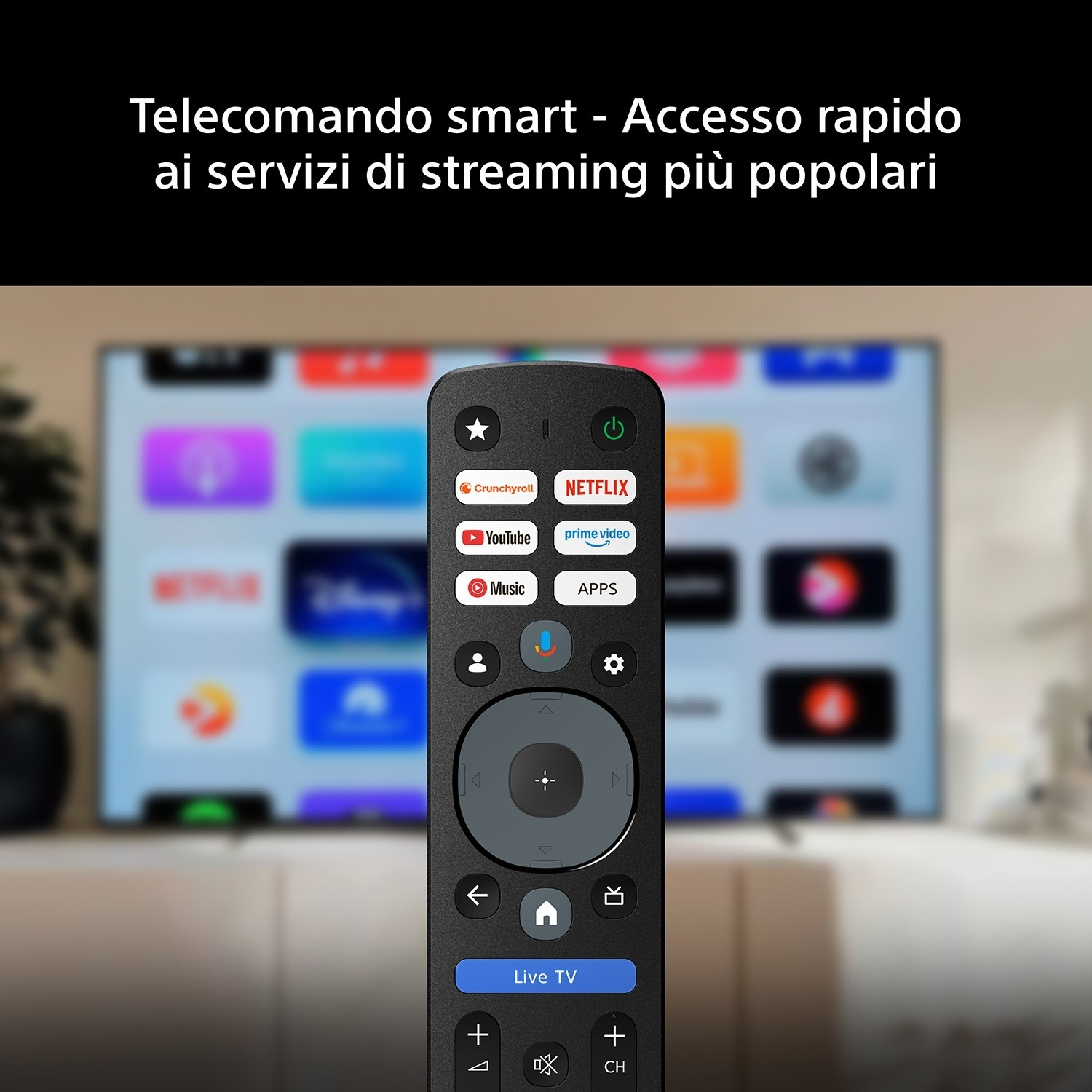 Un telecomando smart nero con tasti per lo streaming in primo piano e uno schermo TV sfocato sullo sfondo.