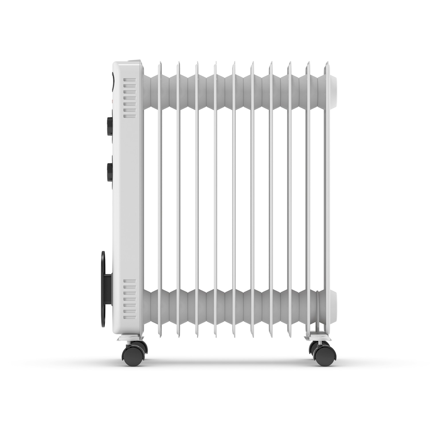 Un termosifone ad olio bianco con undici elementi e rotelle nere su sfondo bianco.