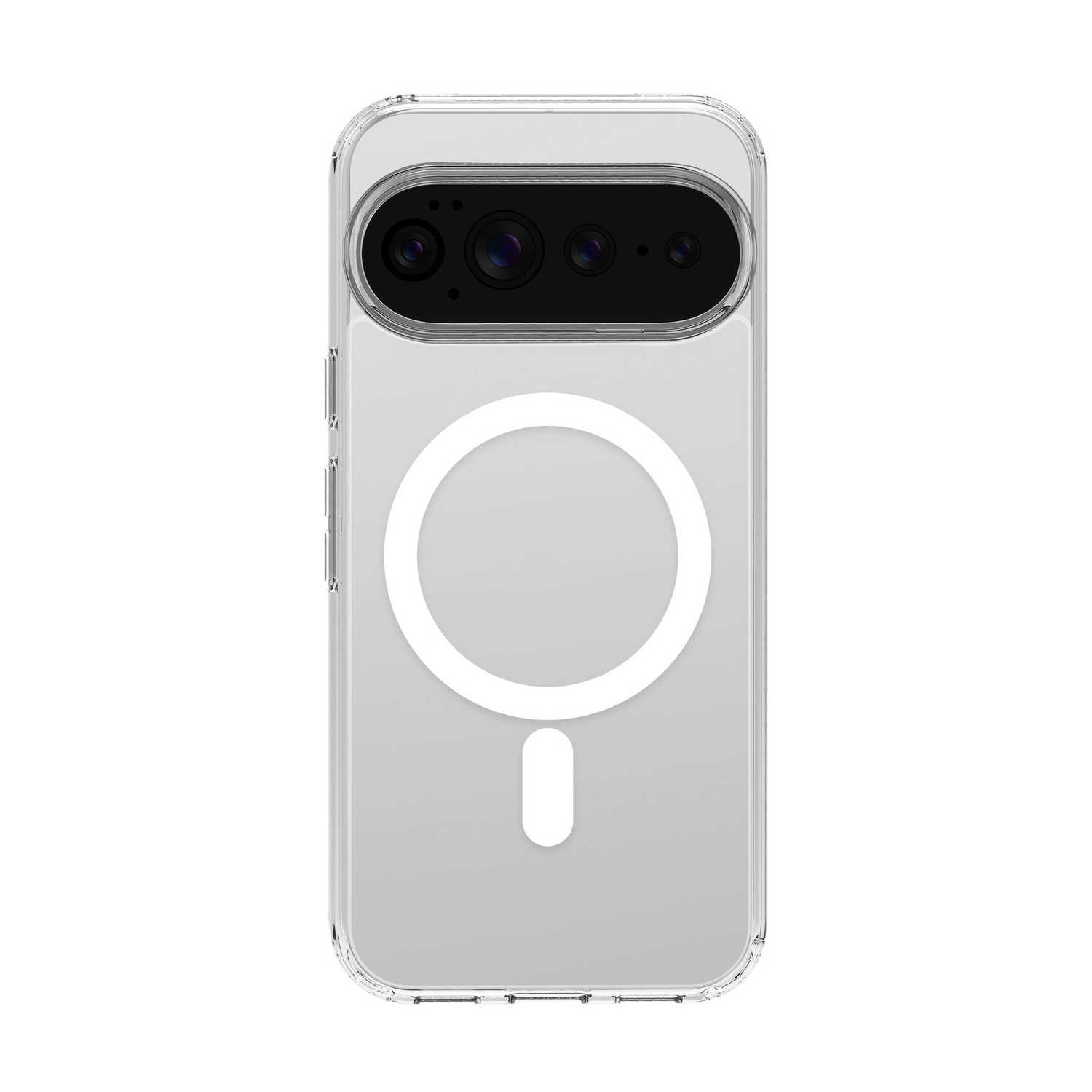 Custodia trasparente per smartphone con anello MagSafe e ritaglio per fotocamera su sfondo bianco.