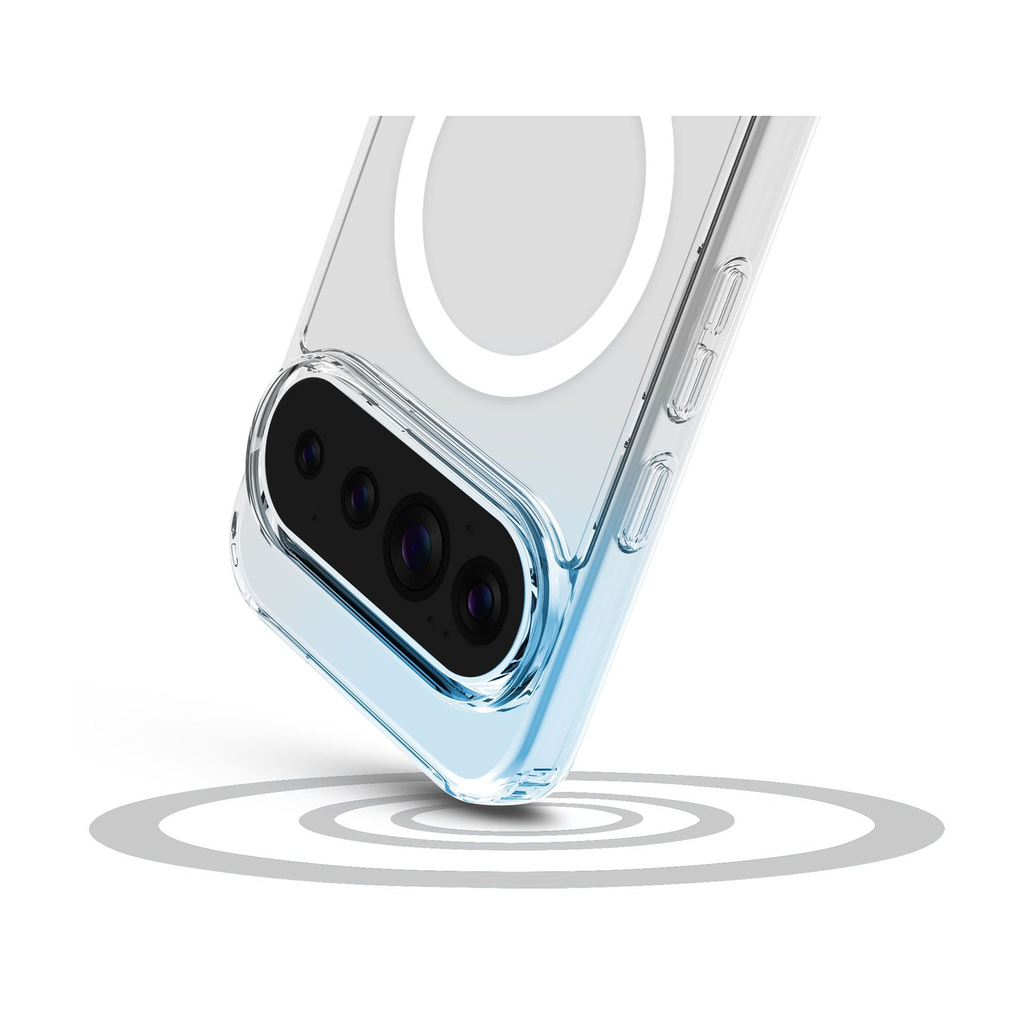 Custodia trasparente per telefono con foro per fotocamera e anello MagSafe, fluttuante sopra cerchi concentrici grigi.