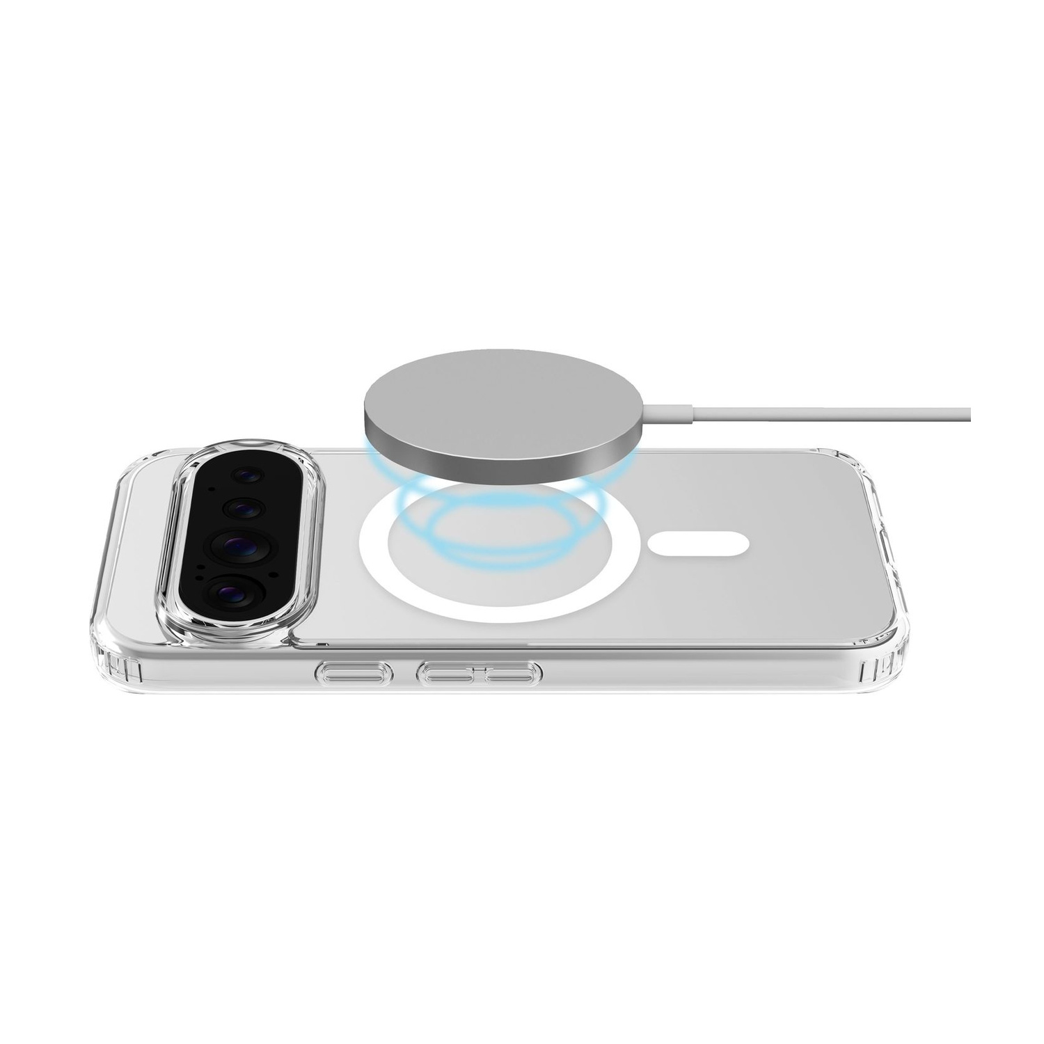 Uno smartphone in una custodia trasparente viene ricaricato in modalità wireless con un caricabatterie rotondo.