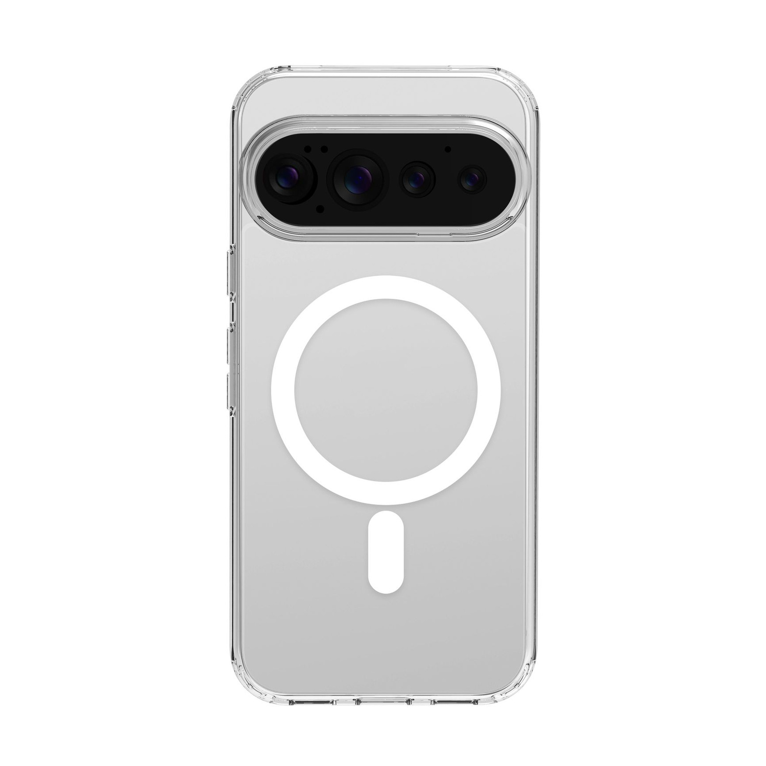 Retro di una custodia protettiva trasparente per smartphone con un simbolo circolare bianco di ricarica magnetica.