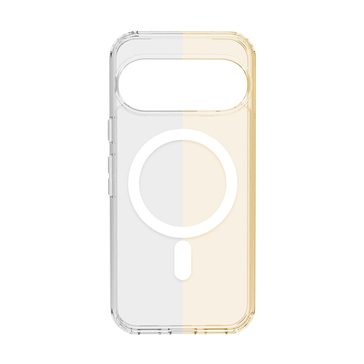 Una custodia trasparente per smartphone con anello MagSafe bianco sul retro, su sfondo grigio e giallo.