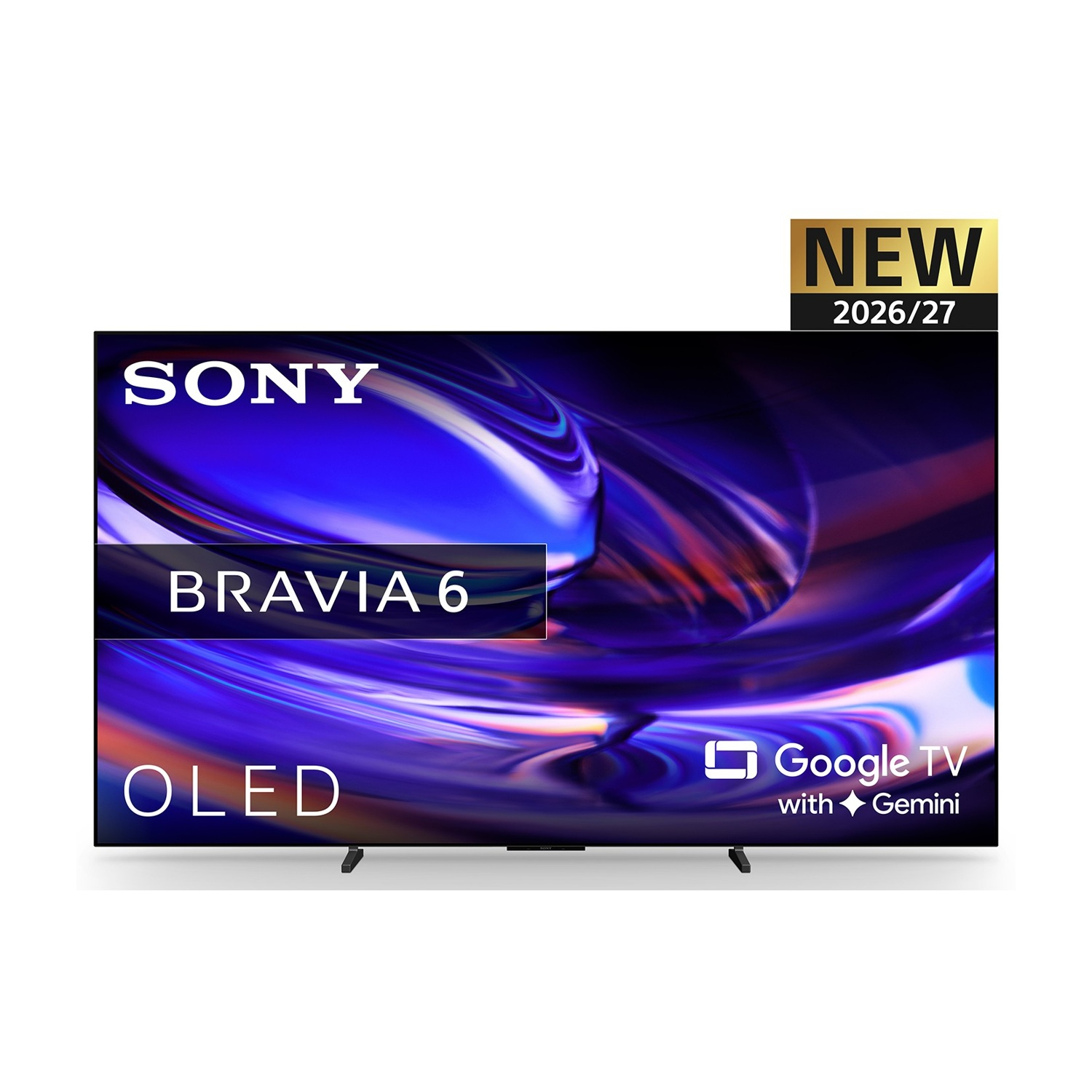 Una TV OLED Sony Bravia 6 con Google TV e Gemini, dotata di un banner "New 2026/27".
