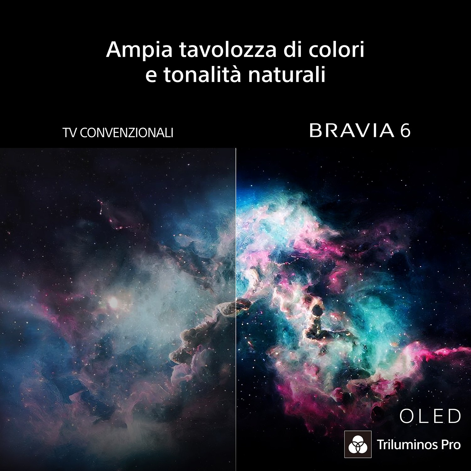 Confronto tra schermi mostra una galassia scura a sinistra e un'immagine colorata su BRAVIA 6 a destra.
