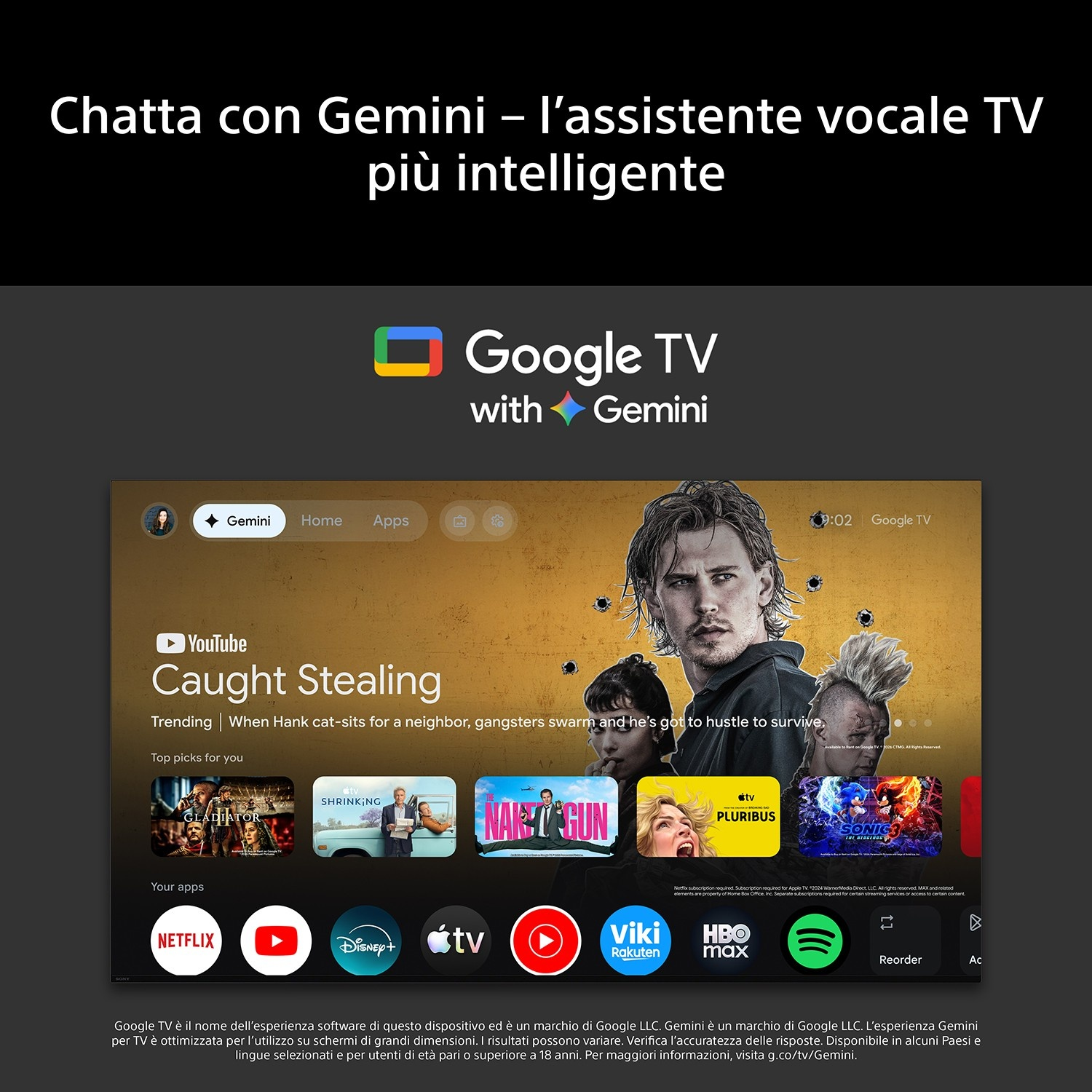 Interfaccia Google TV con integrazione Gemini, consigli sui film e icone delle app.