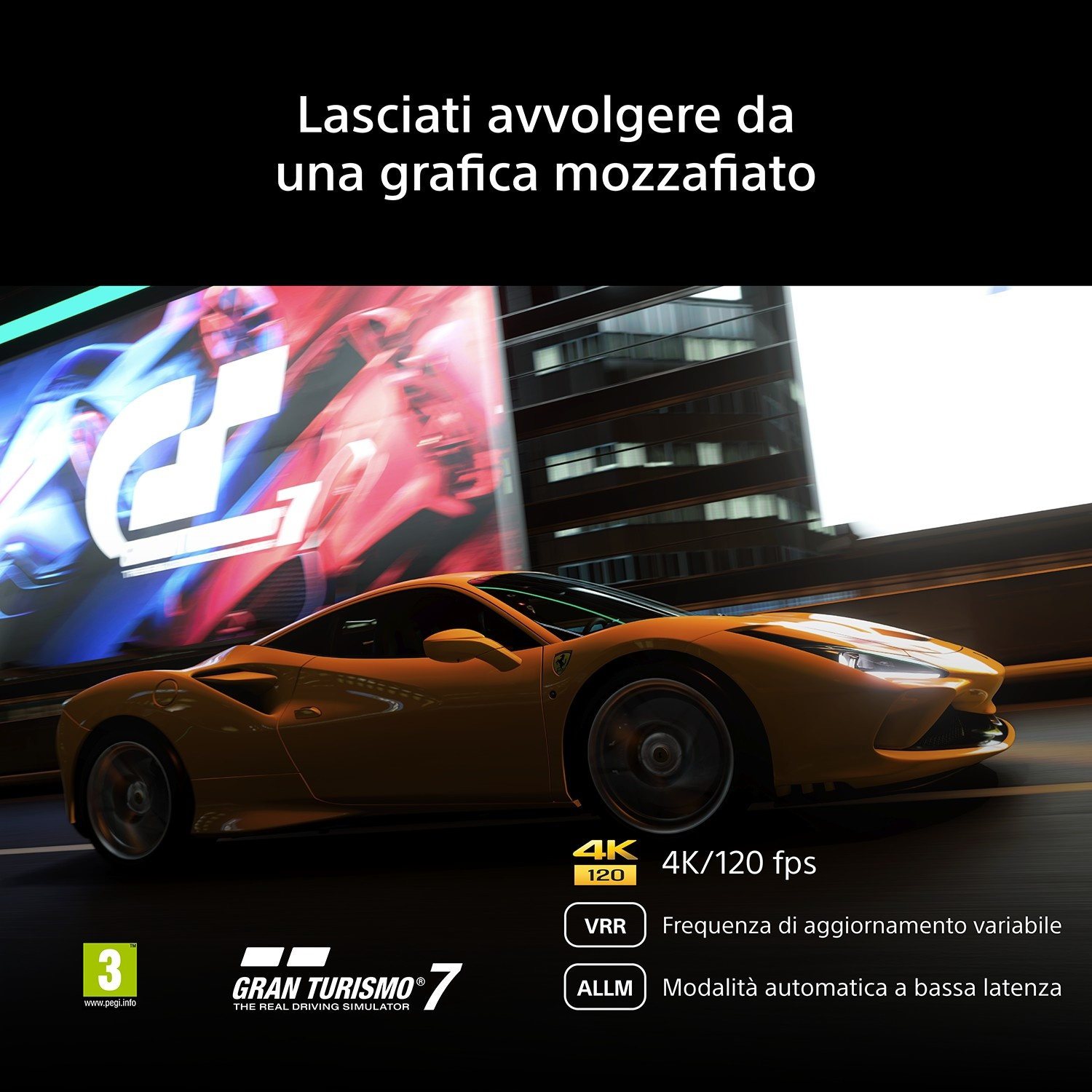 Auto sportiva gialla su strada notturna davanti a un cartellone con logo Gran Turismo 7.