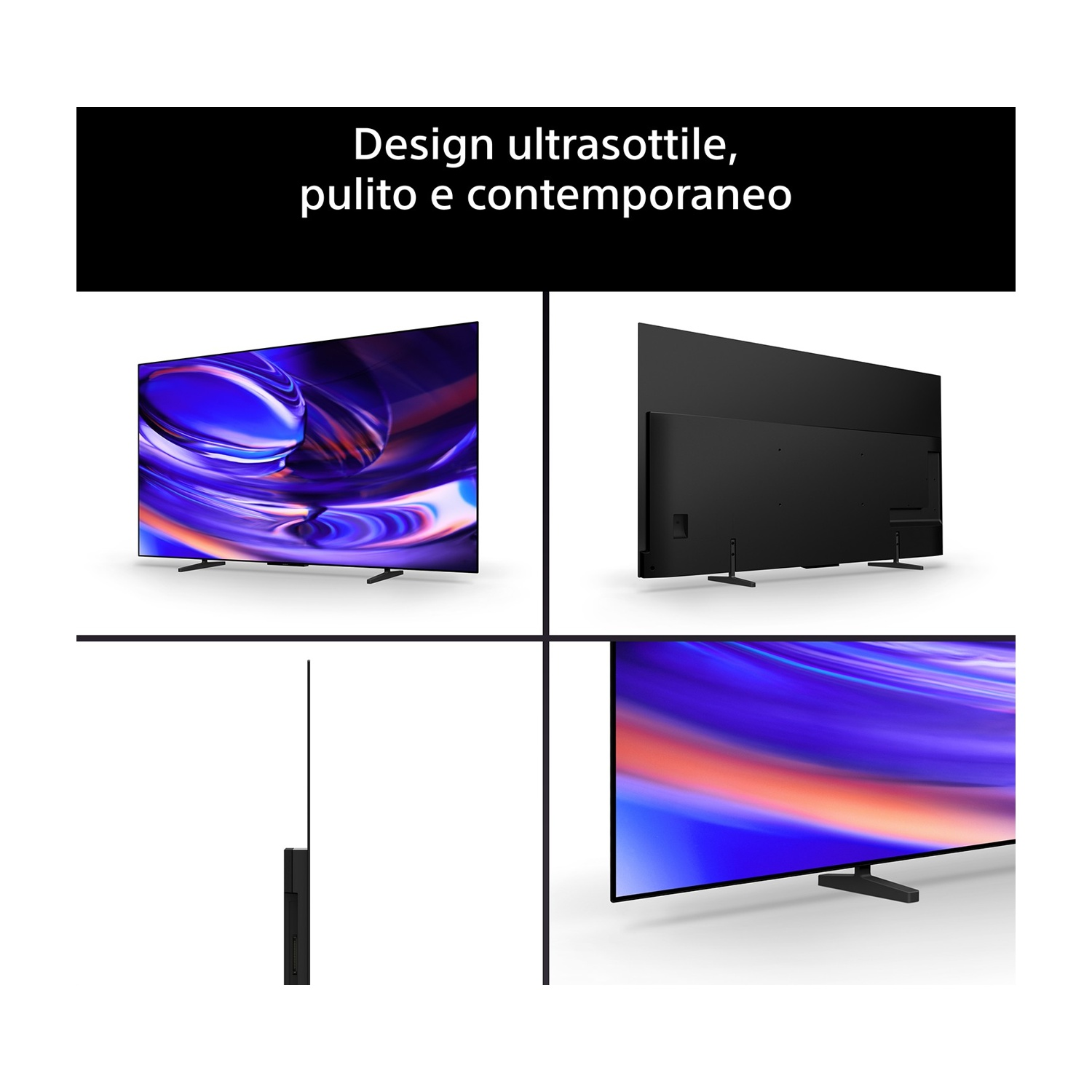 Quattro viste di un televisore ultrasottile con schermo colorato, retro e base.