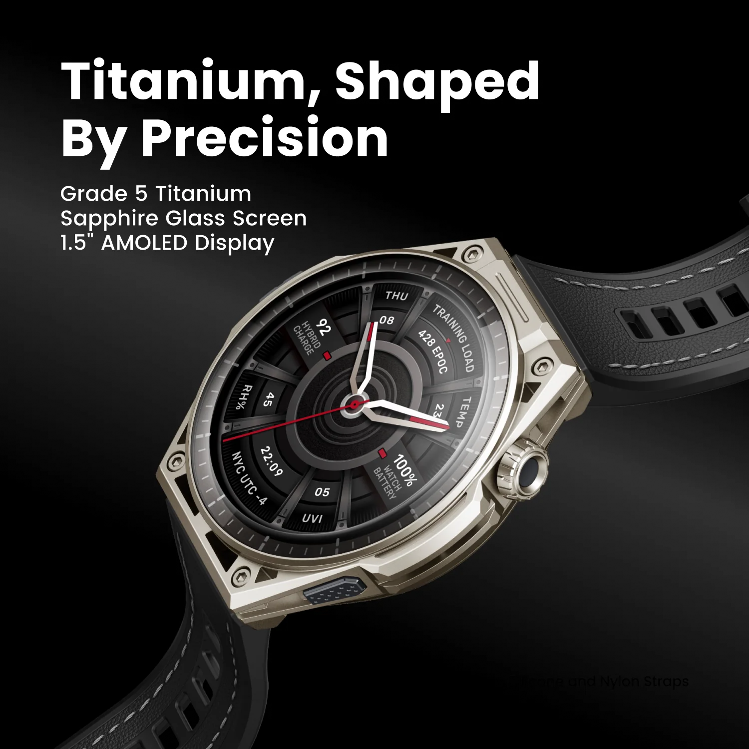 AMAZFIT Balance Ultra Smartwatch Titan Grad 5, Kunststoff Schwarz: Kunstleder & Silikon, Schwarz & Terra: Silikon, 140 - 210 mm, Titan
