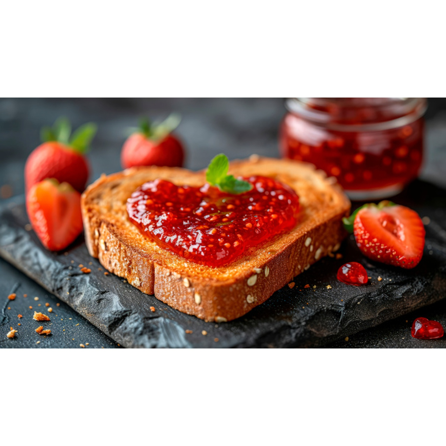 Pane carrè a forma di cuore con marmellata rossa, fragole fresche e un barattolo su ascia nera.