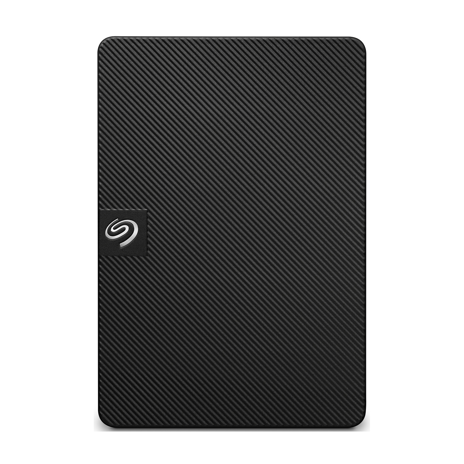 Hard disk esterno Seagate nero con scanalature diagonali e logo argento.