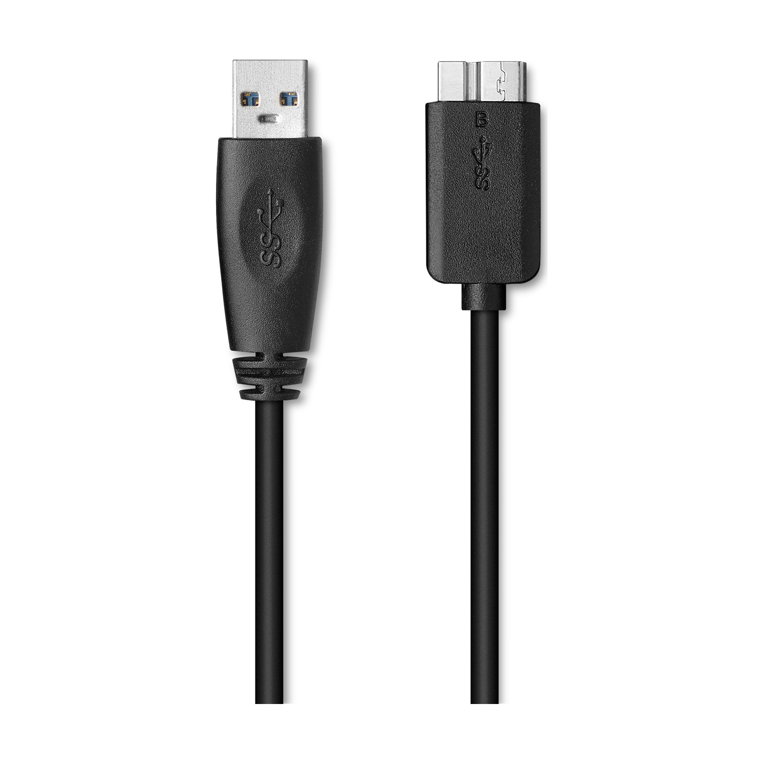 Un cavo nero da USB 3.0 A a Micro B su sfondo bianco.