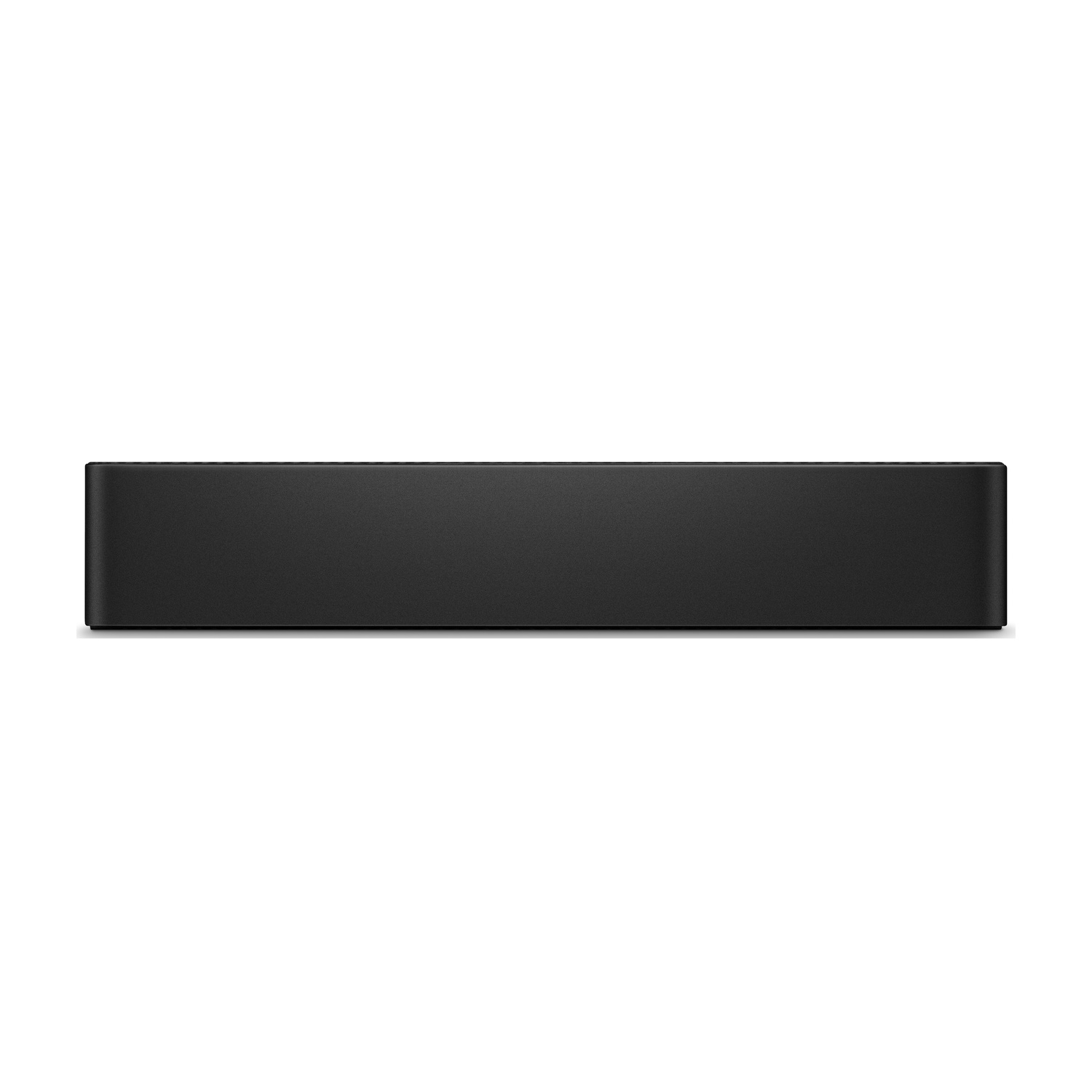 Una soundbar nera opaca posizionata orizzontalmente su sfondo chiaro.