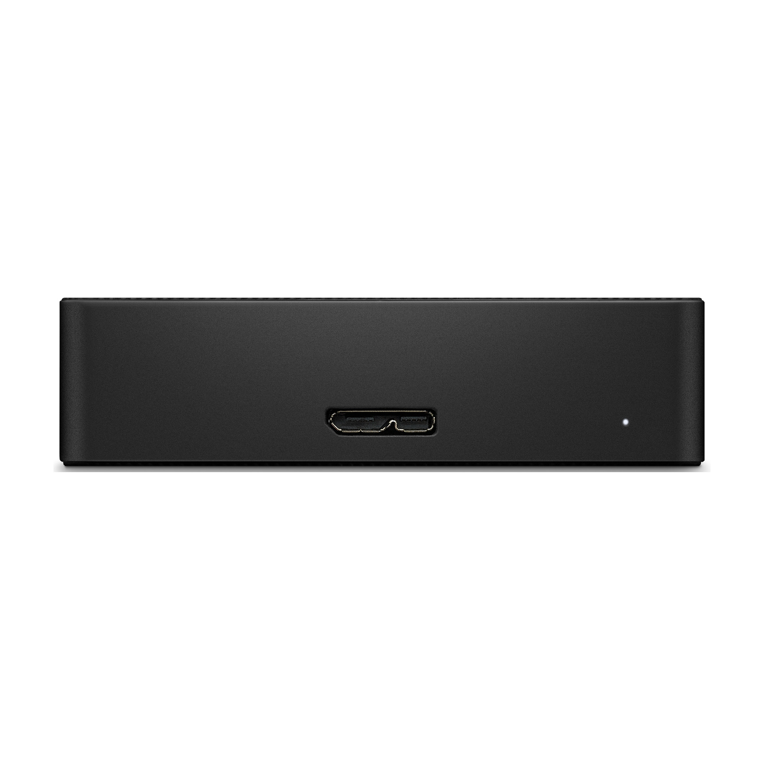 Un dispositivo elettronico nero con una porta USB e una piccola spia LED bianca sul pannello frontale.
